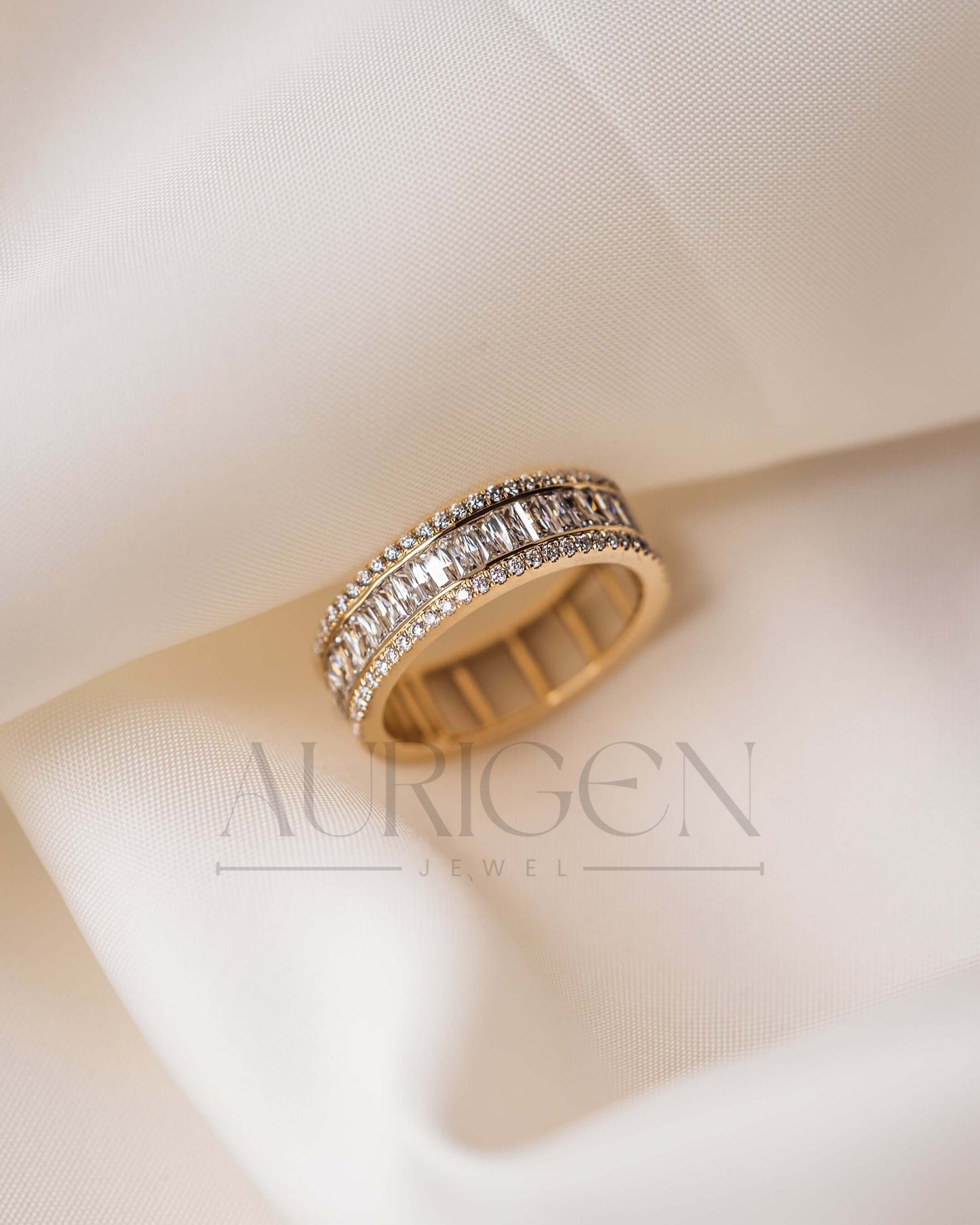 14K Yellow Gold Baguette & Round Cut Moissanite and Lab Grown Diamond Band