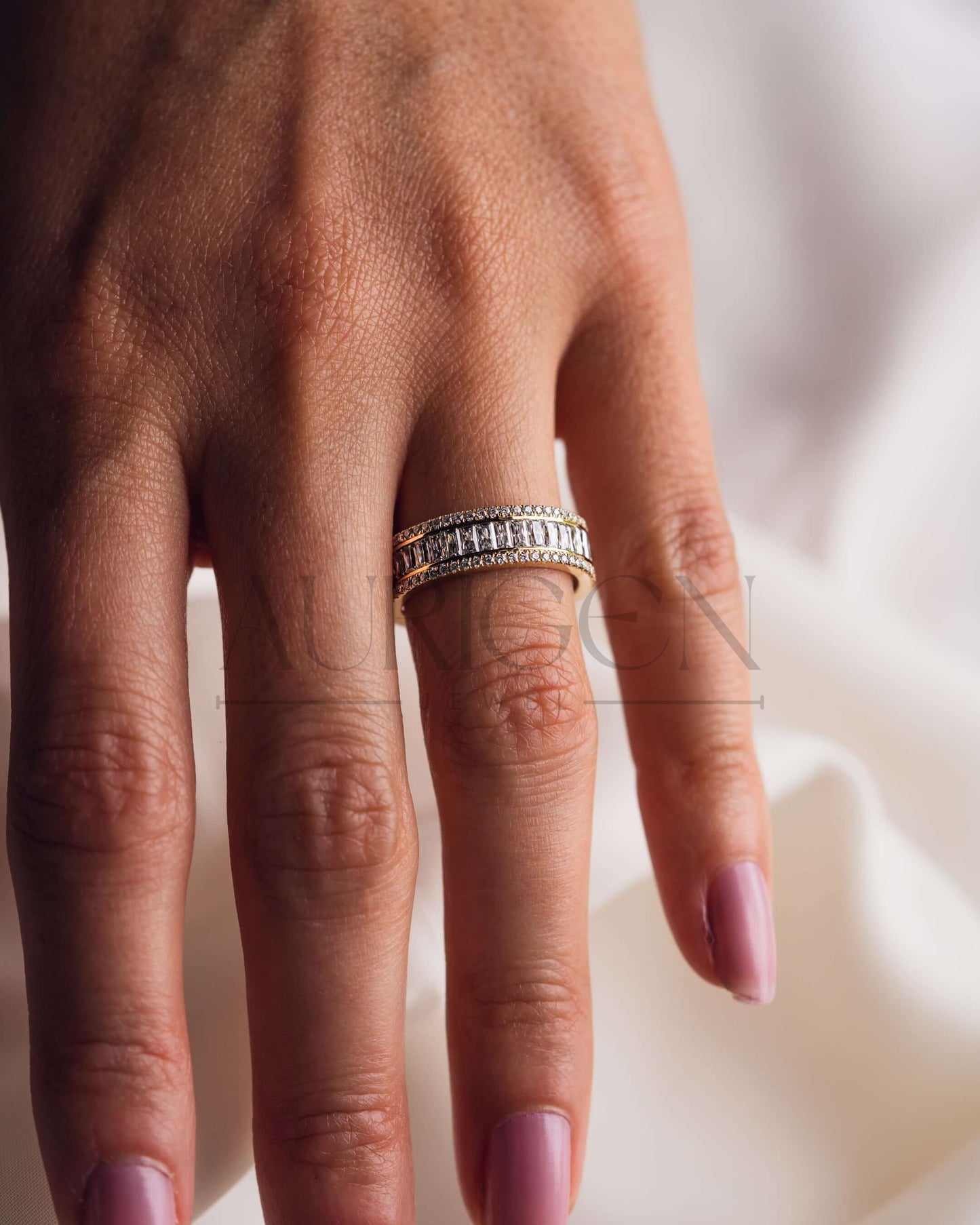 14K Yellow Gold Baguette & Round Cut Moissanite and Lab Grown Diamond Band