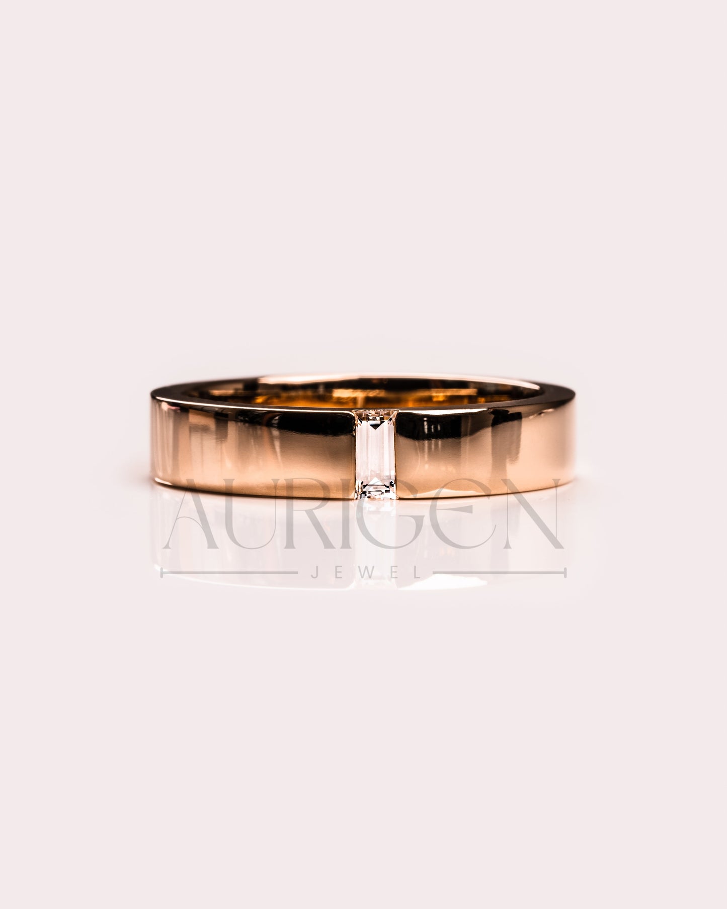 Solitaire Baguette Cut Moissanite and Lab Grown Diamond Band in 14K Rose Gold