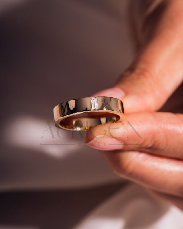 Solitaire Baguette Cut Moissanite and Lab Grown Diamond Band in 14K Rose Gold
