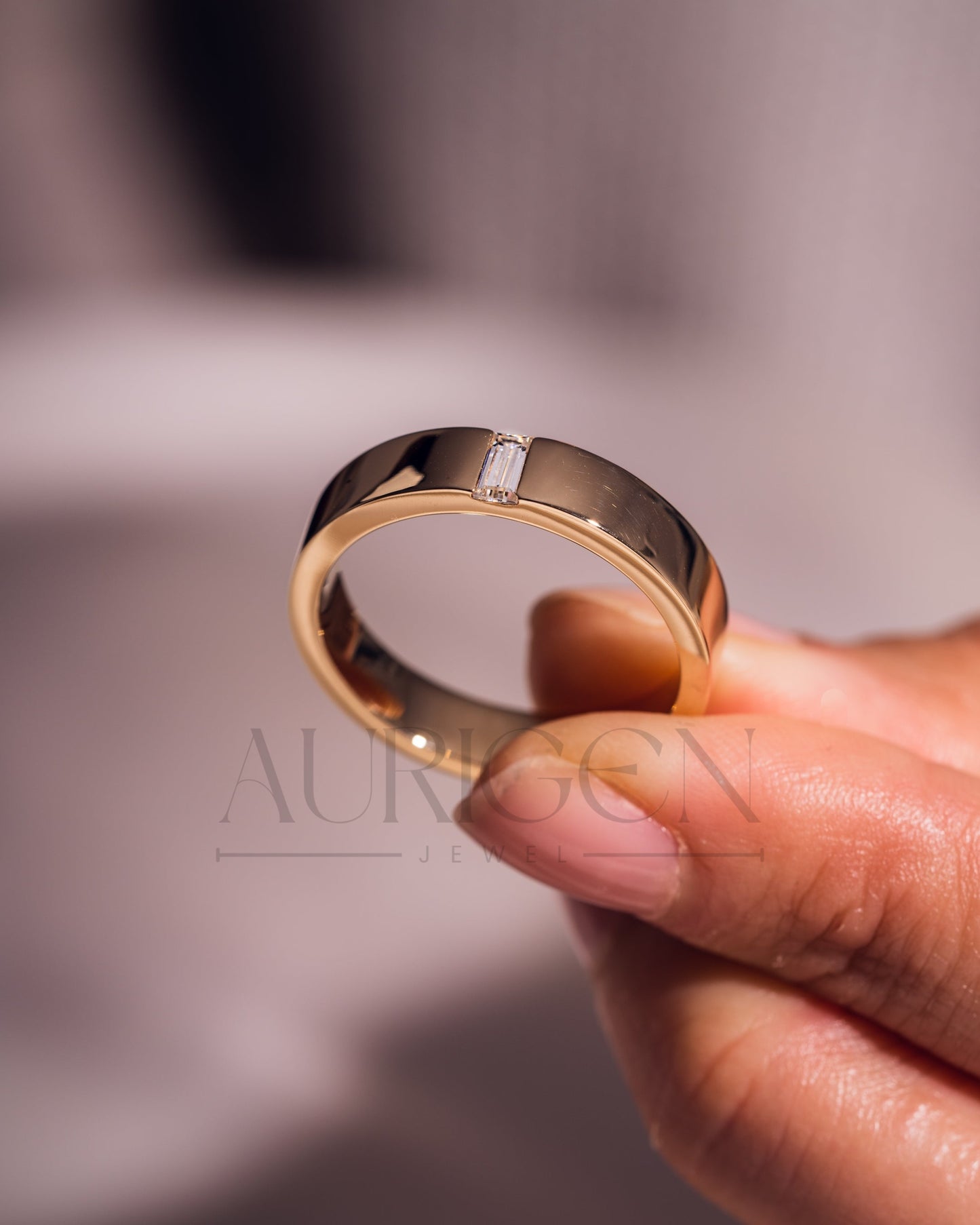 Solitaire Baguette Cut Moissanite and Lab Grown Diamond Band in 14K Rose Gold