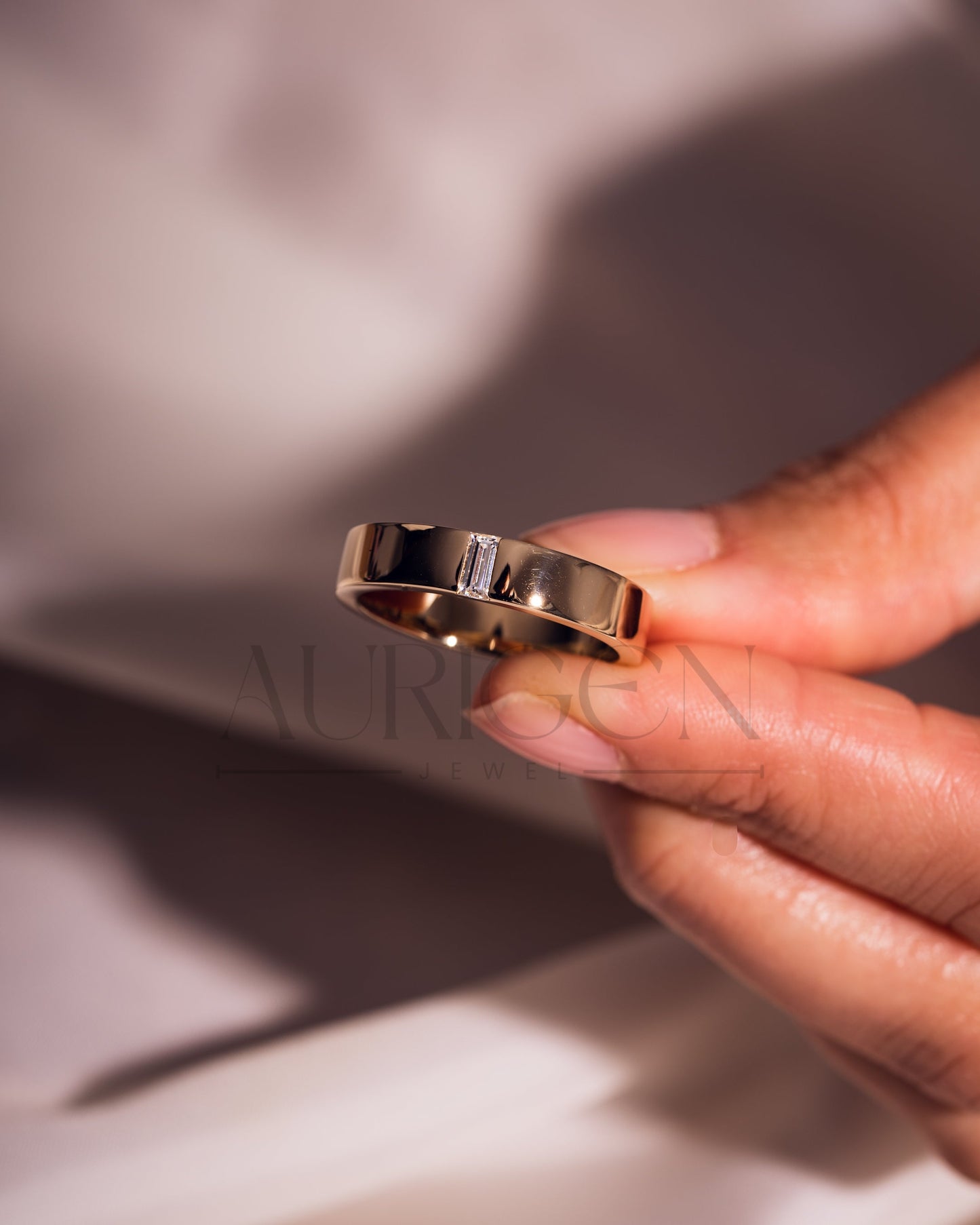 Solitaire Baguette Cut Moissanite and Lab Grown Diamond Band in 14K Rose Gold