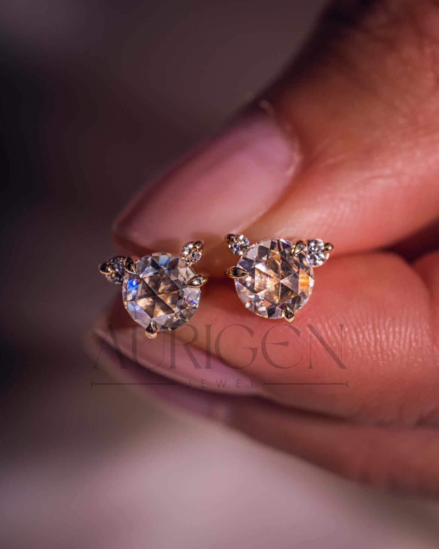 Elegant Round Rose Cut Cluster Earrings in 14k Yellow Gold