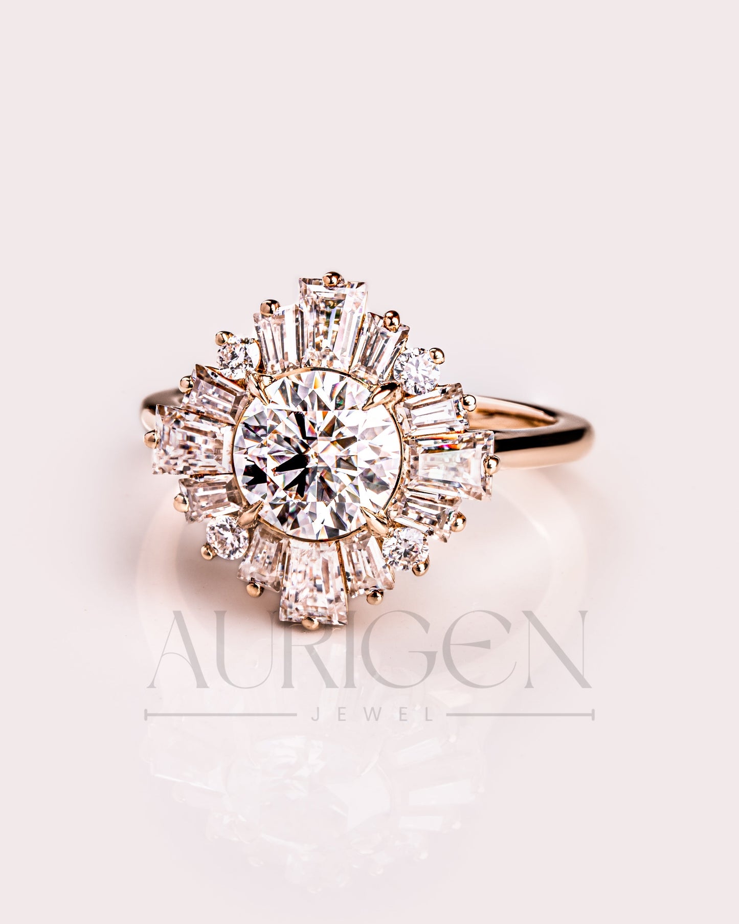 Vintage-Inspired Round Cut Moissanite & Lab Grown Diamond Sunburst Halo Ring