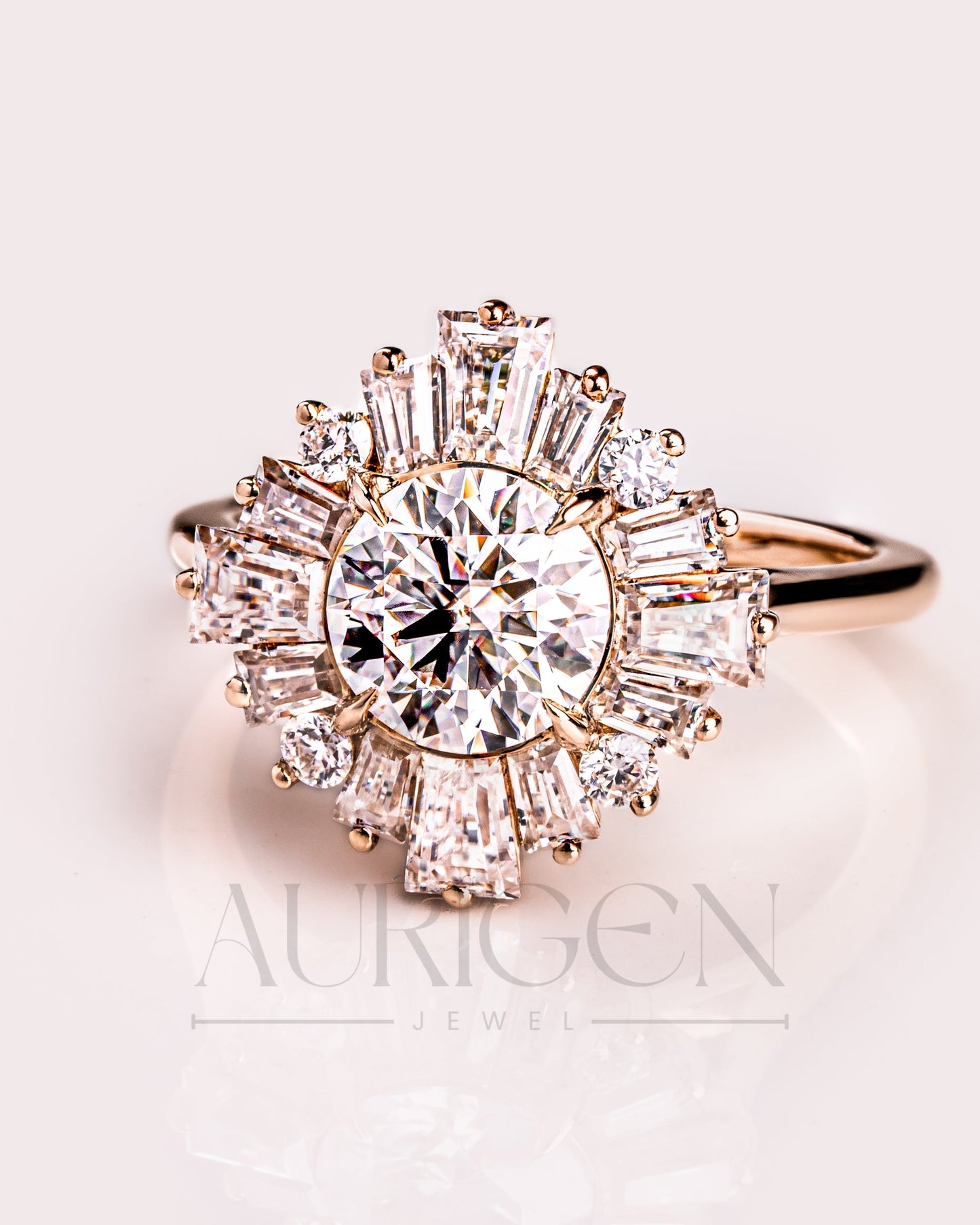 Vintage-Inspired Round Cut Moissanite & Lab Grown Diamond Sunburst Halo Ring