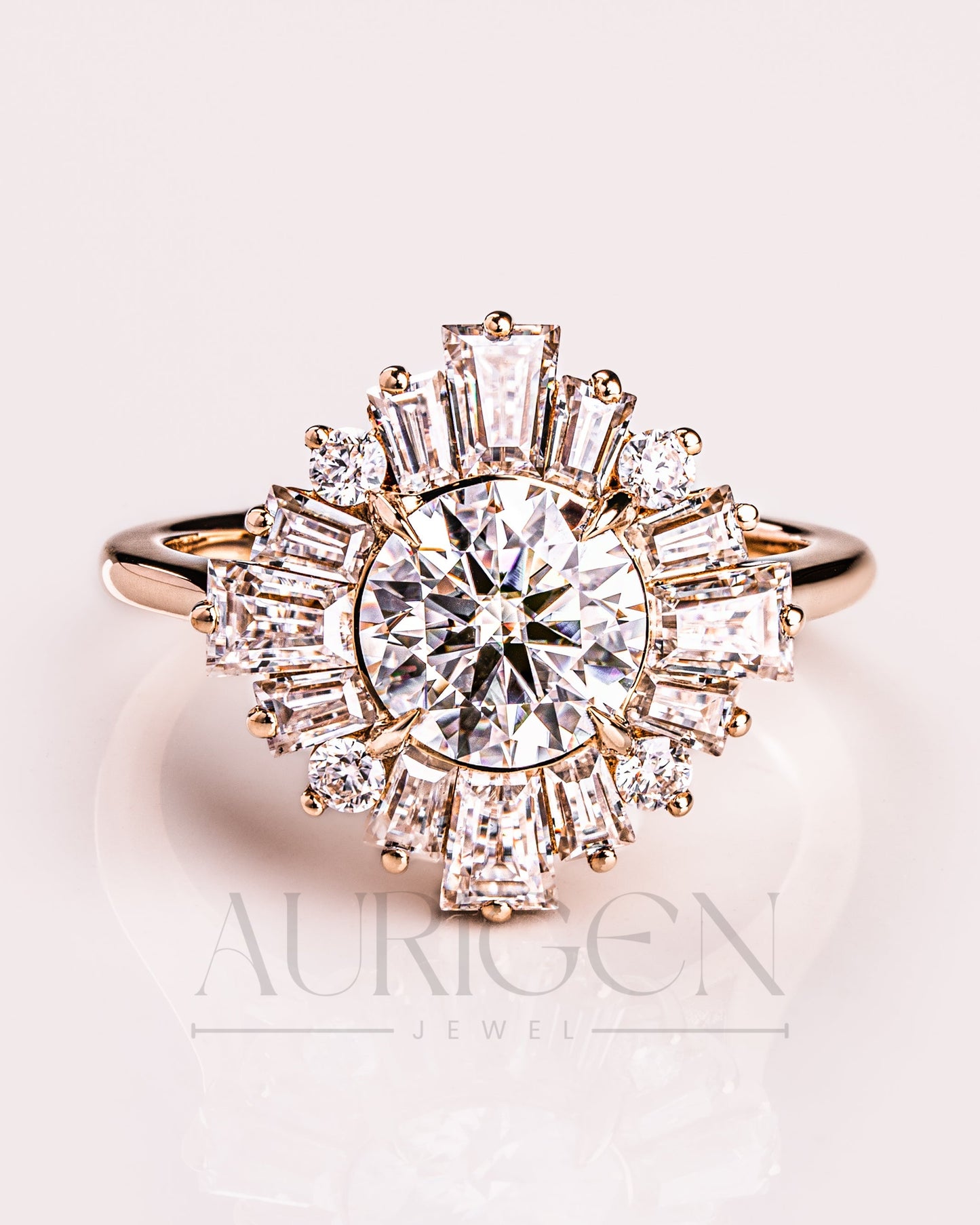 Vintage-Inspired Round Cut Moissanite & Lab Grown Diamond Sunburst Halo Ring