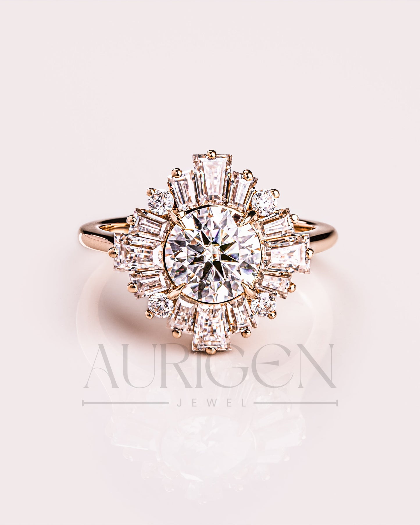 Vintage-Inspired Round Cut Moissanite & Lab Grown Diamond Sunburst Halo Ring