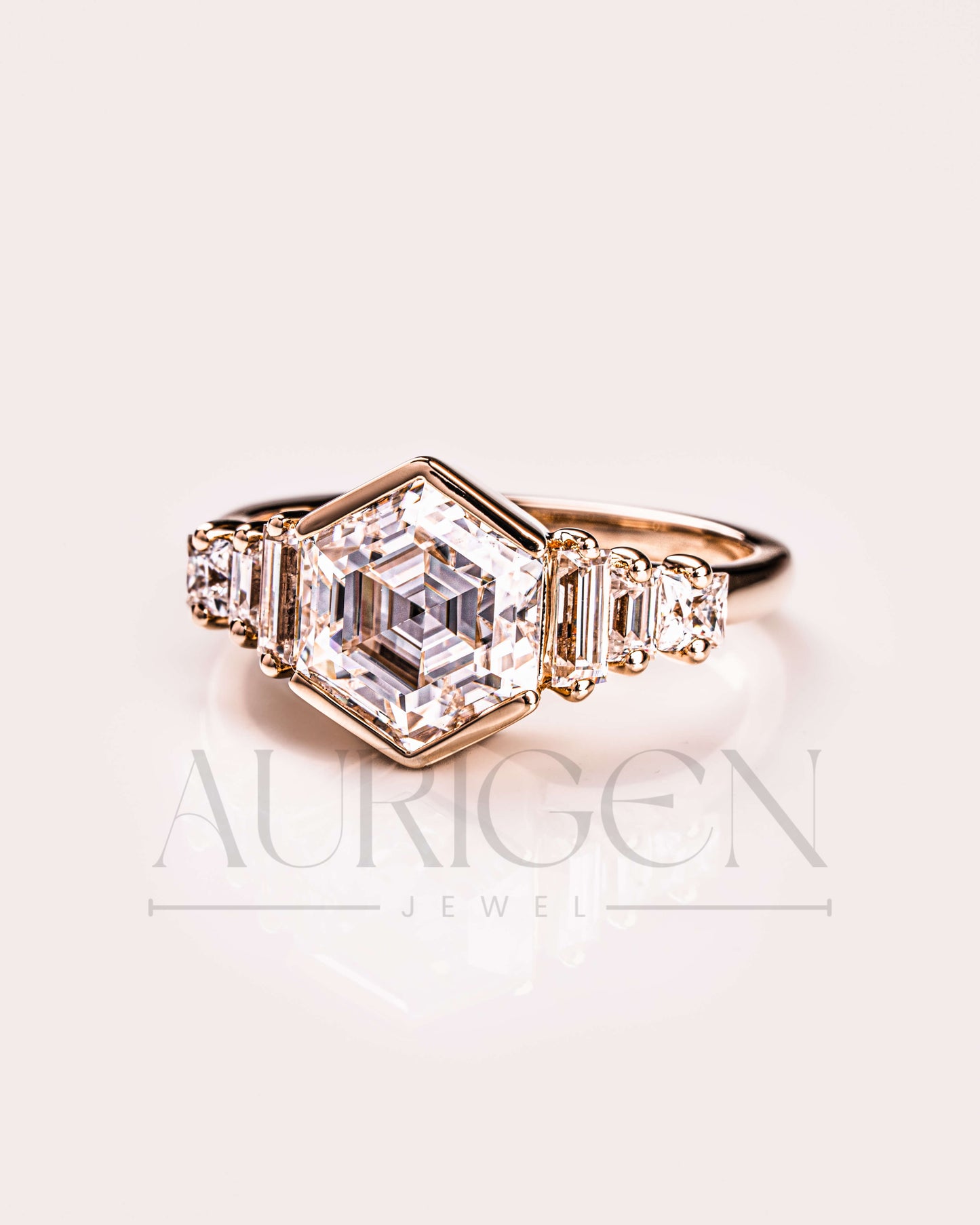 Moissanite and Lab Grown Diamond Hexagon Cut 14K Solid Gold Seven Stone Ring