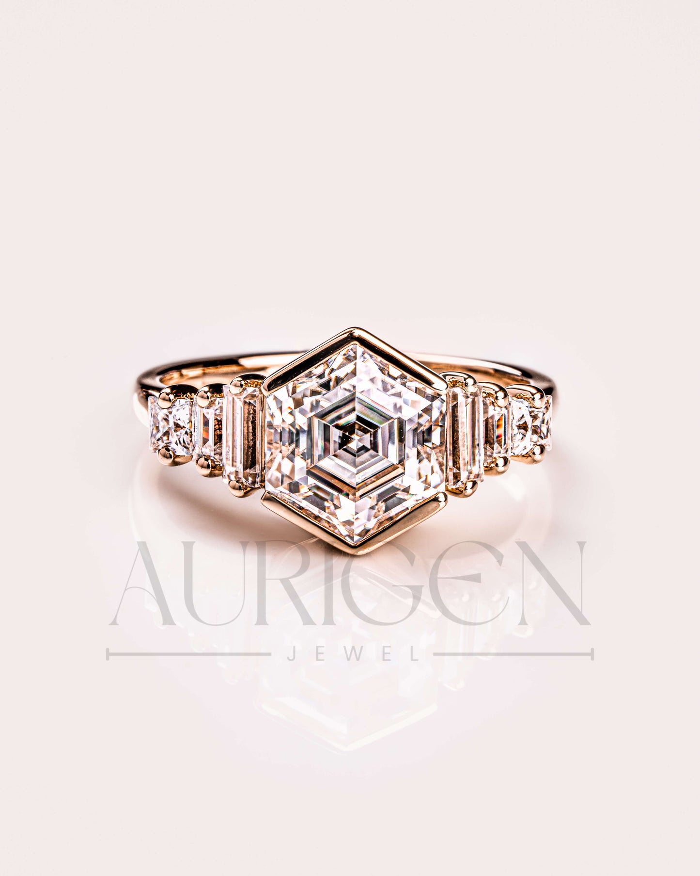 Moissanite and Lab Grown Diamond Hexagon Cut 14K Solid Gold Seven Stone Ring