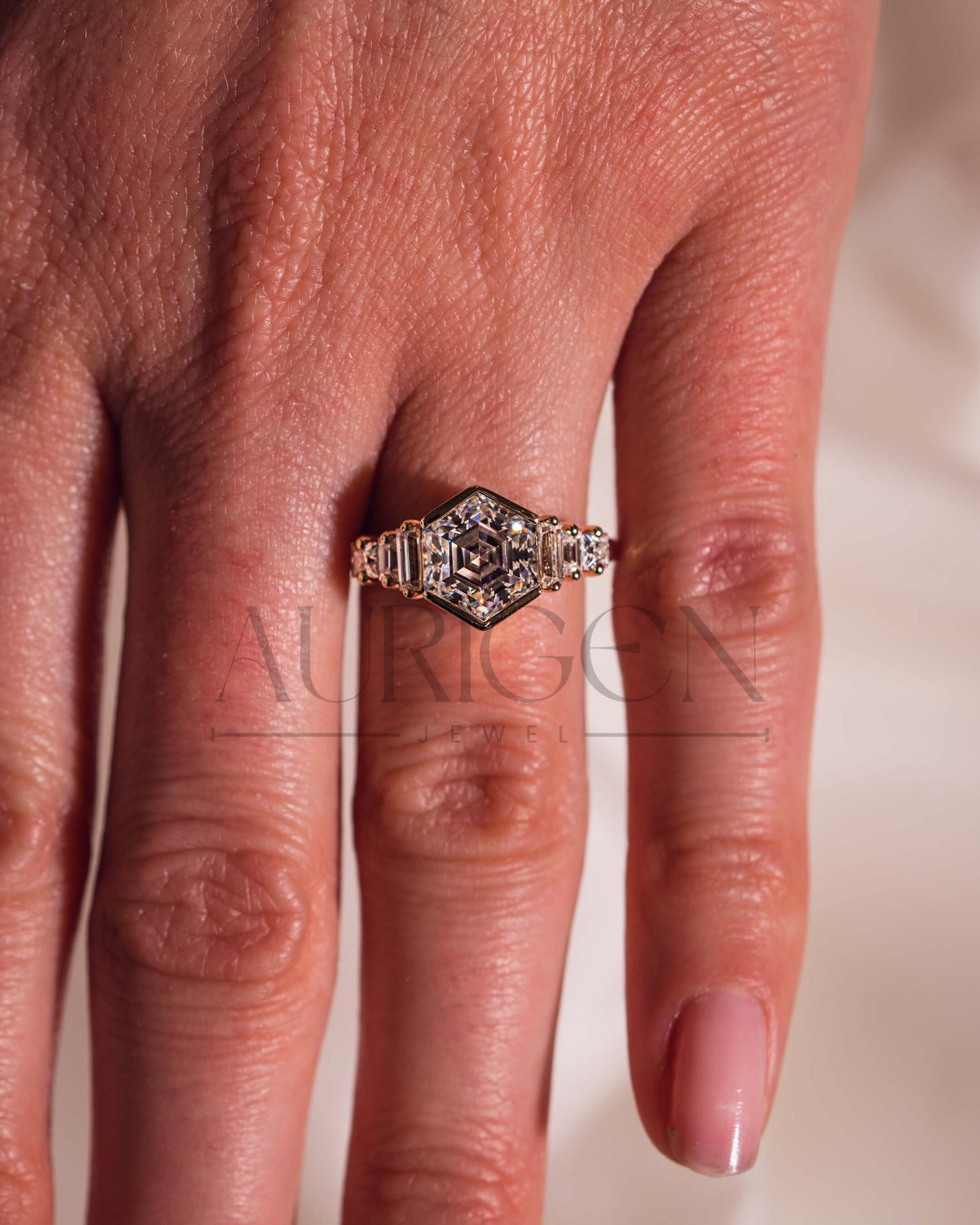 Moissanite and Lab Grown Diamond Hexagon Cut 14K Solid Gold Seven Stone Ring