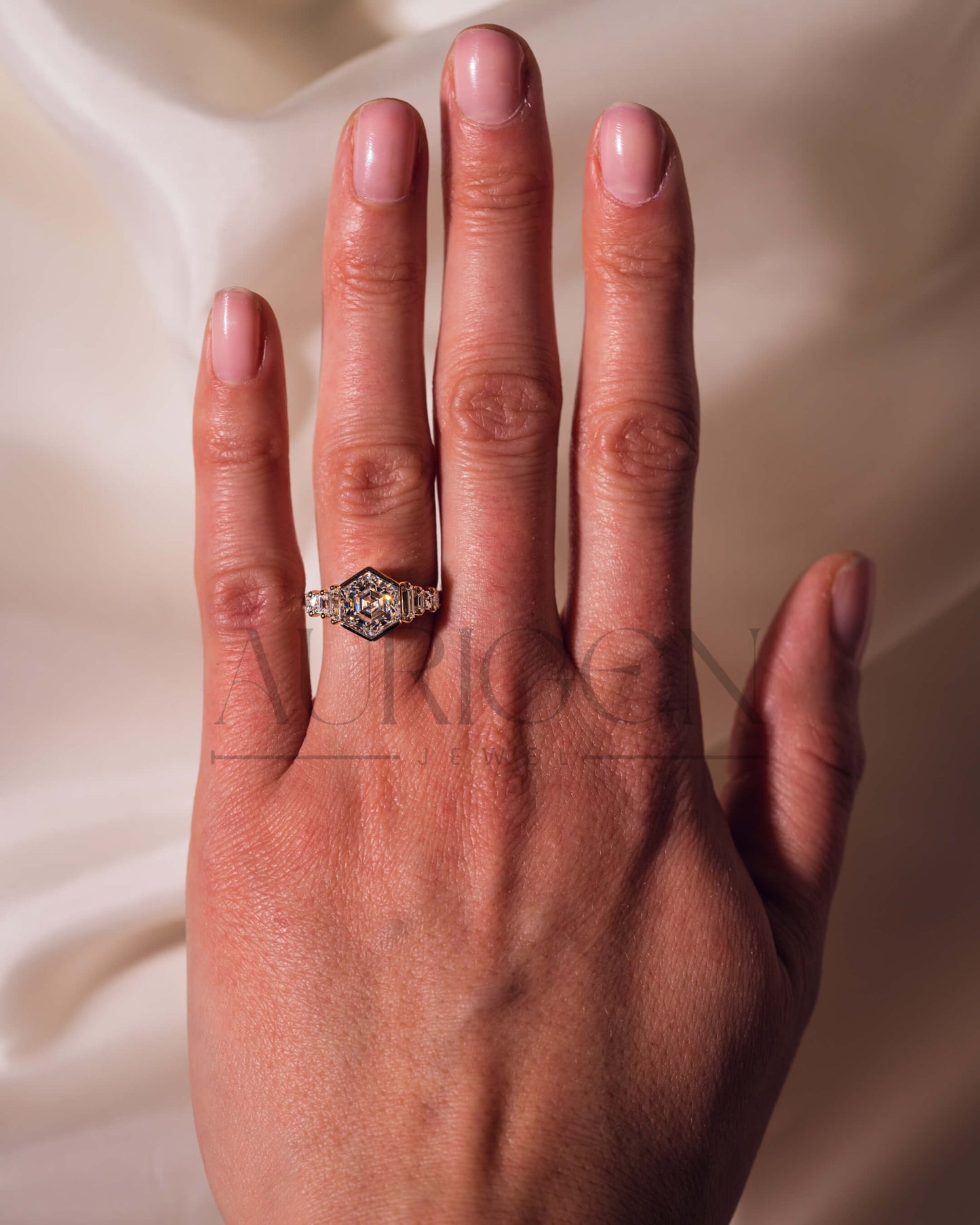 Moissanite and Lab Grown Diamond Hexagon Cut 14K Solid Gold Seven Stone Ring