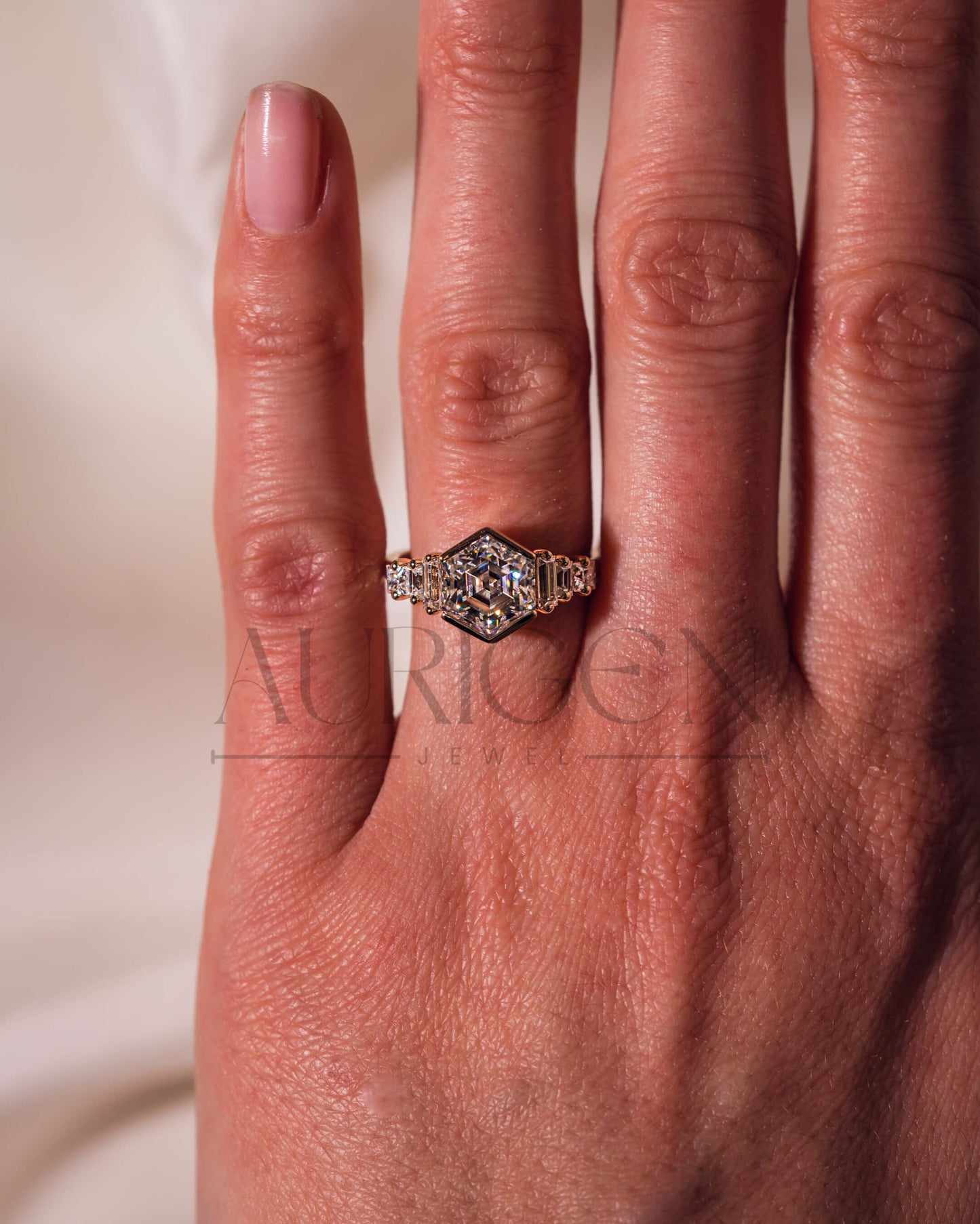 Moissanite and Lab Grown Diamond Hexagon Cut 14K Solid Gold Seven Stone Ring