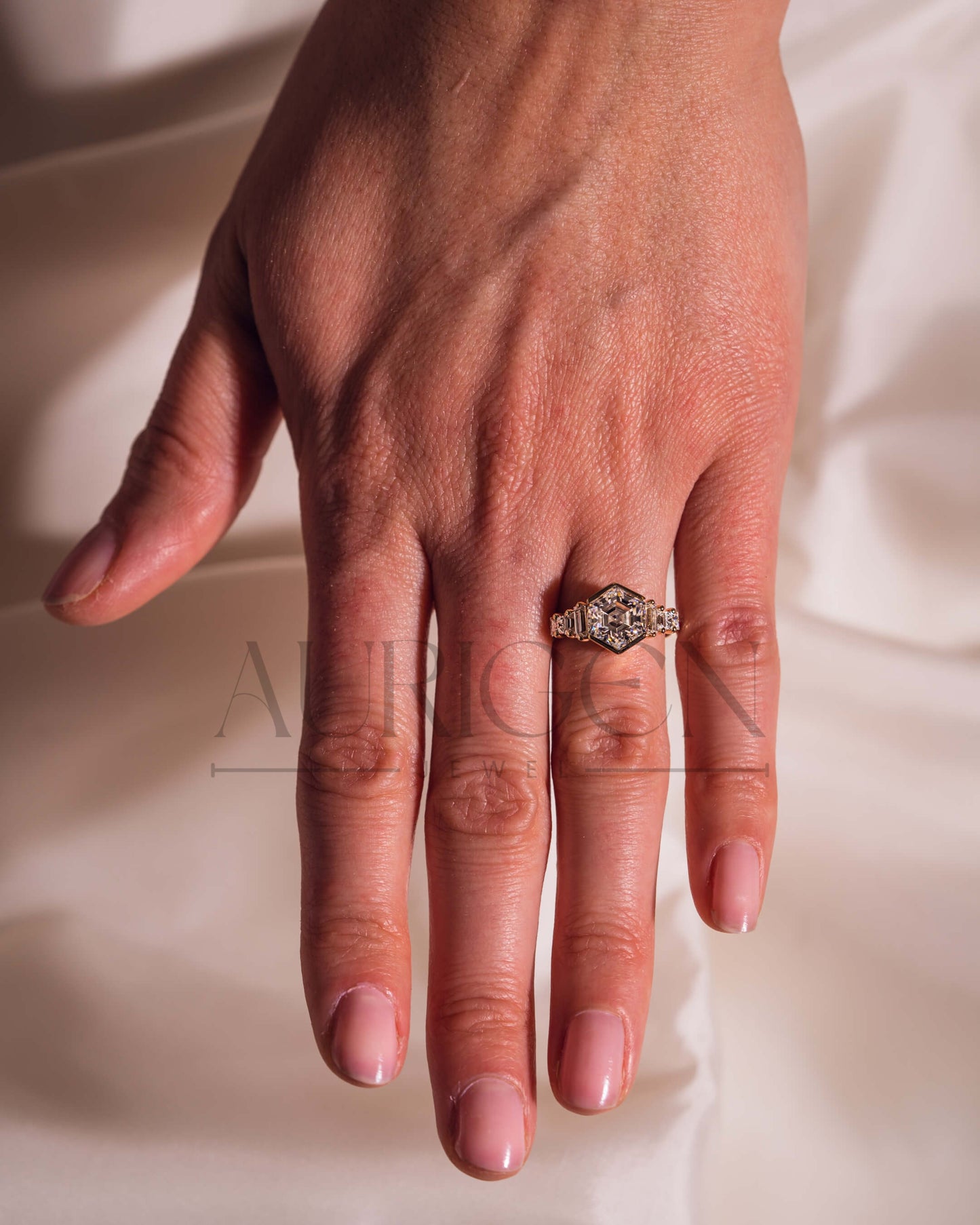Moissanite and Lab Grown Diamond Hexagon Cut 14K Solid Gold Seven Stone Ring