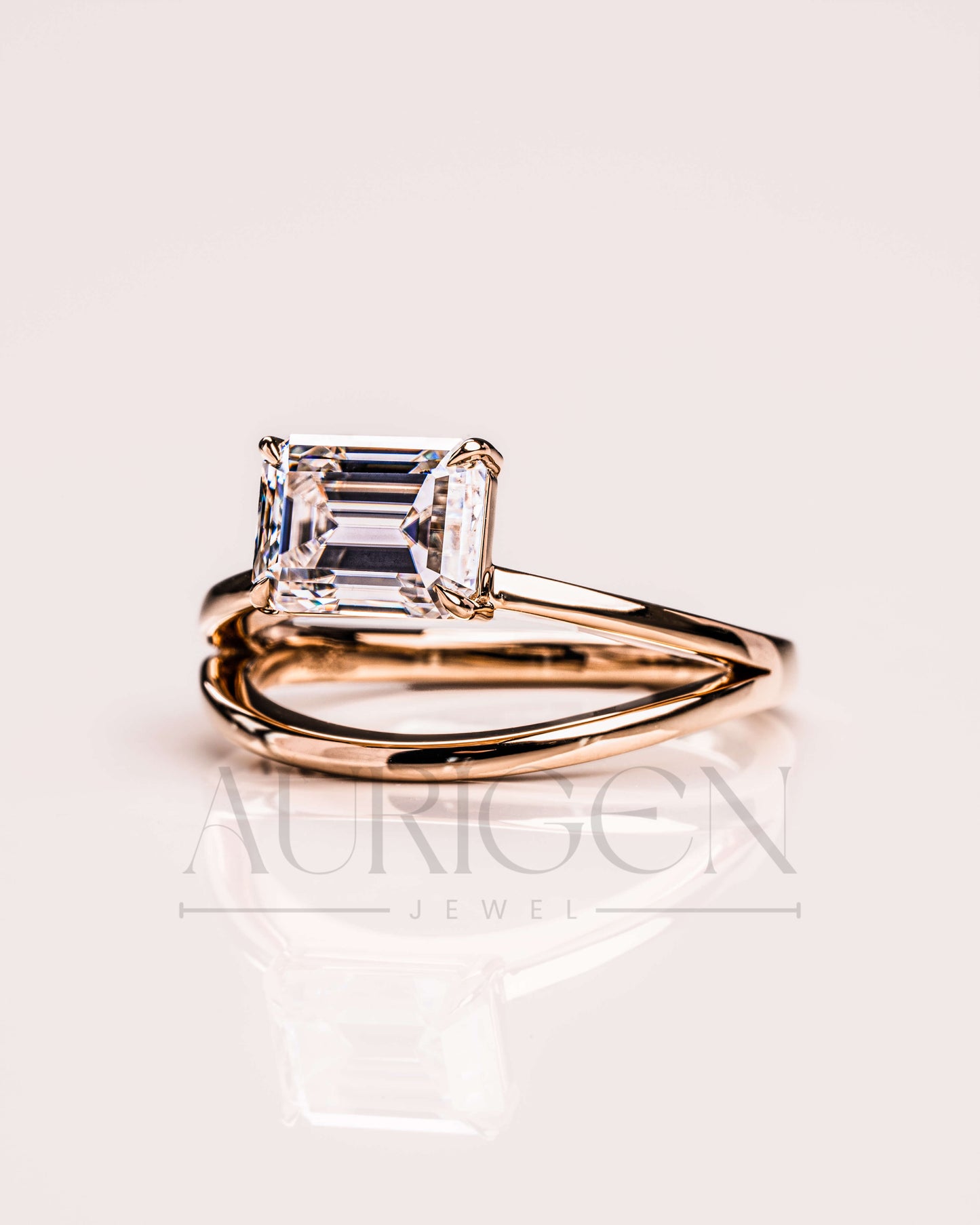 East-West Emerald Cut Solitaire Ring in Solid Gold Ring-Moissanite and Lab Grown Diamond