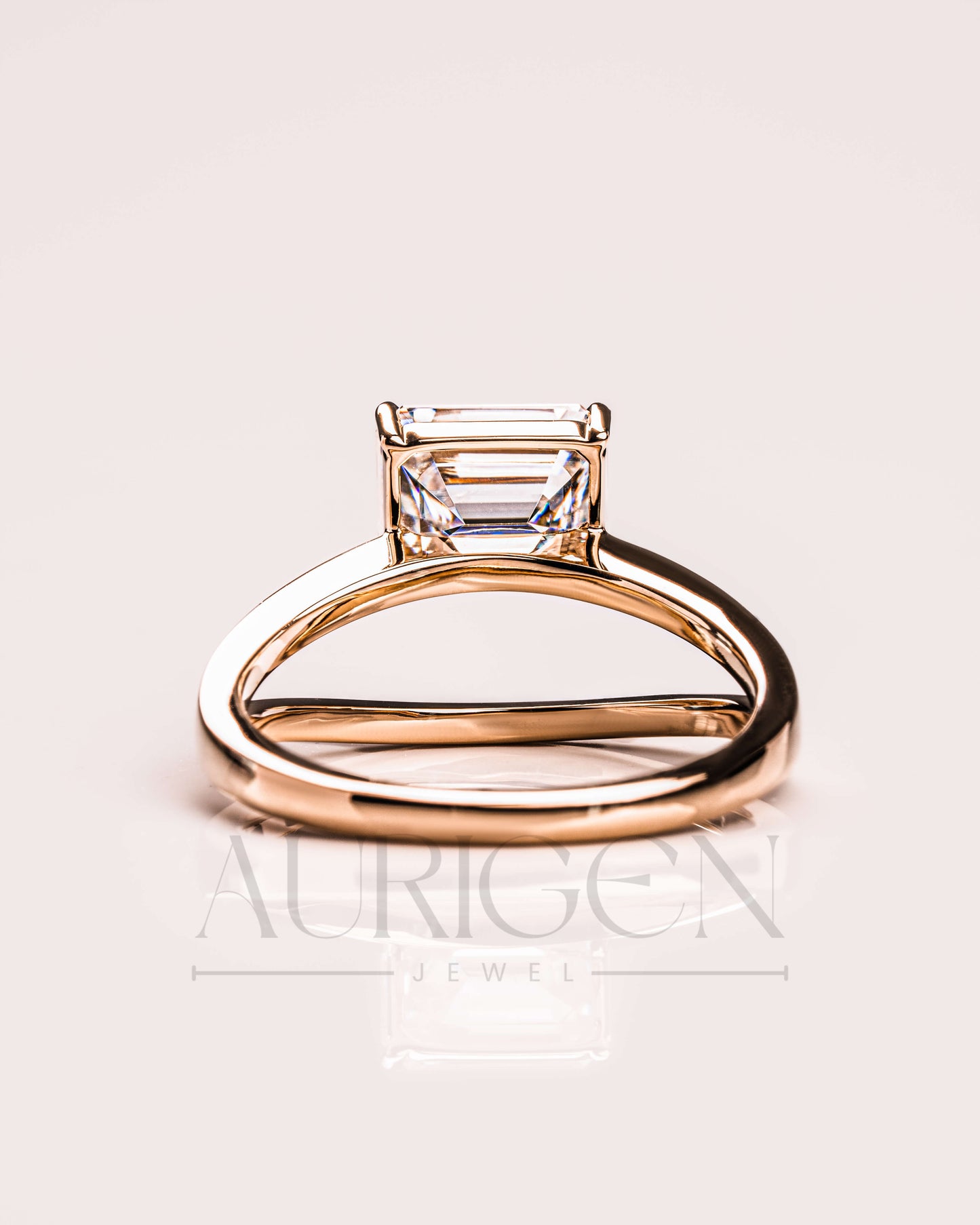 East-West Emerald Cut Solitaire Ring in Solid Gold Ring-Moissanite and Lab Grown Diamond