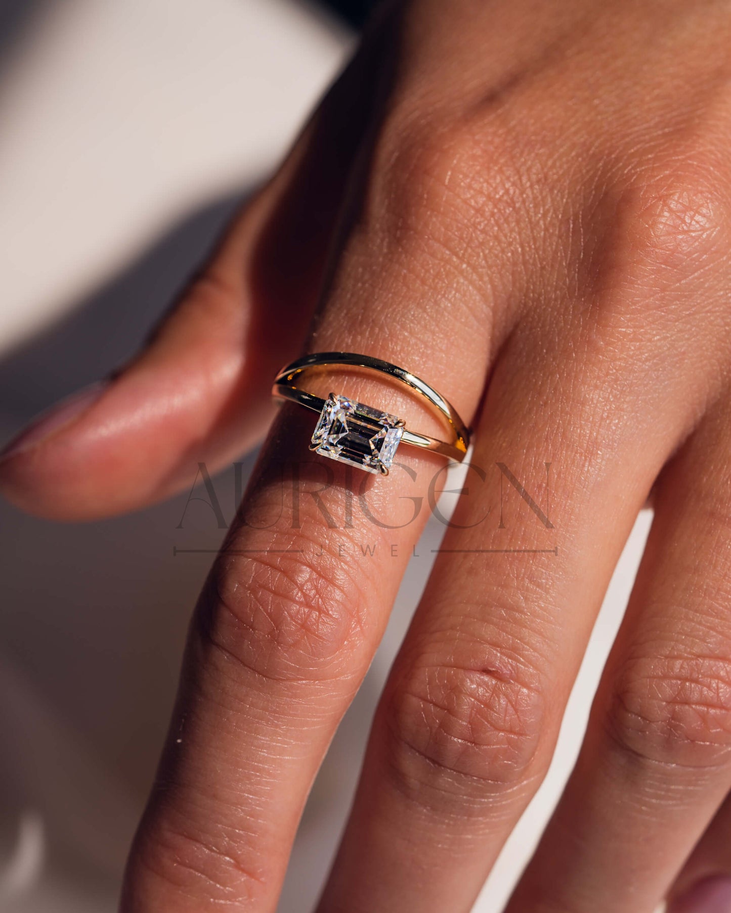 East-West Emerald Cut Solitaire Ring in Solid Gold Ring-Moissanite and Lab Grown Diamond