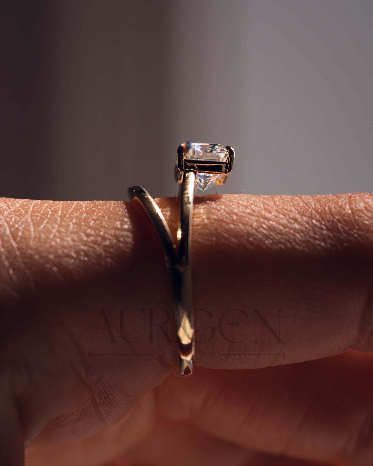 East-West Emerald Cut Solitaire Ring in Solid Gold Ring-Moissanite and Lab Grown Diamond