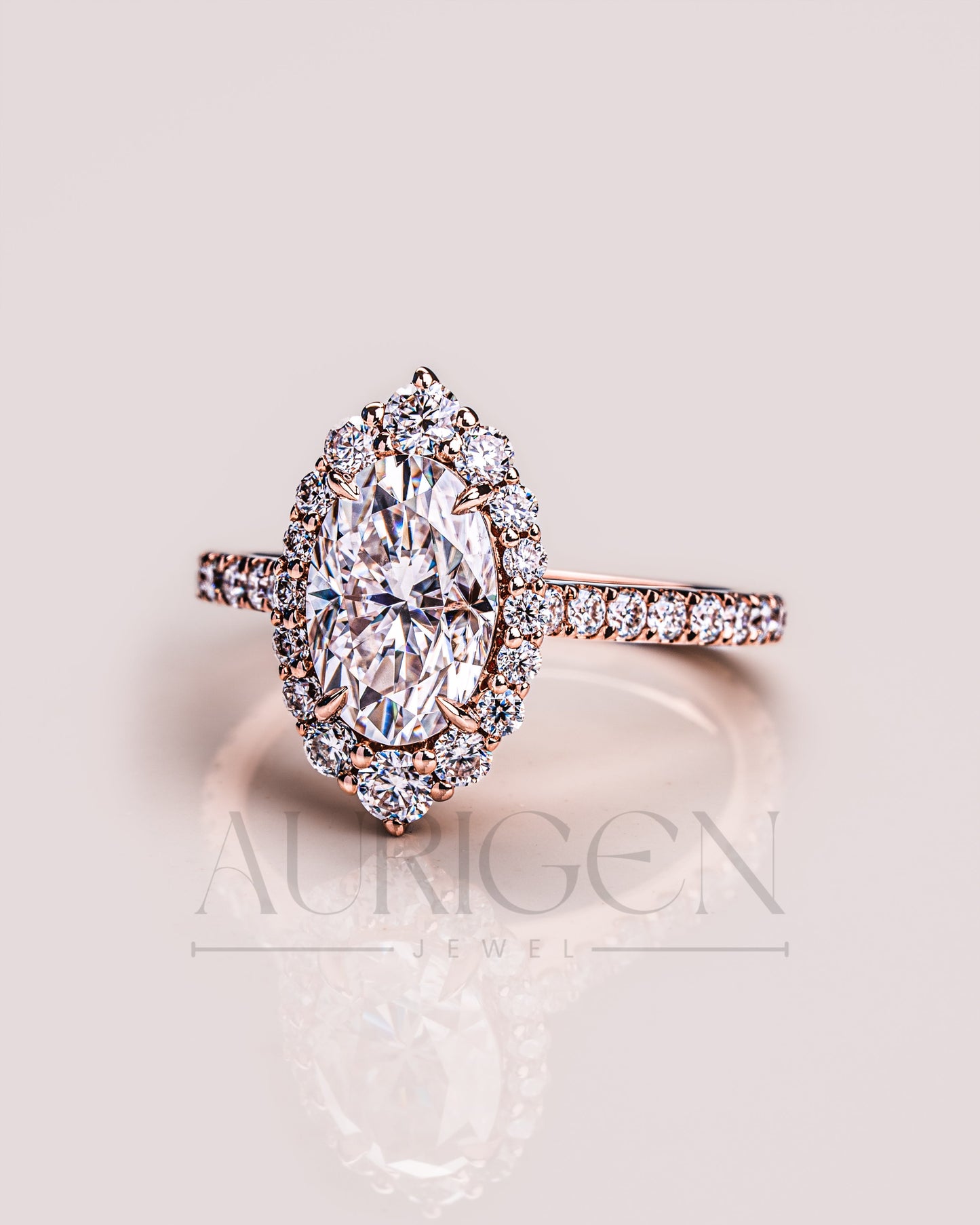Glamorous Oval Cut Moissanite and Lab Grown Diamond Ring – Halo and Pave Setting