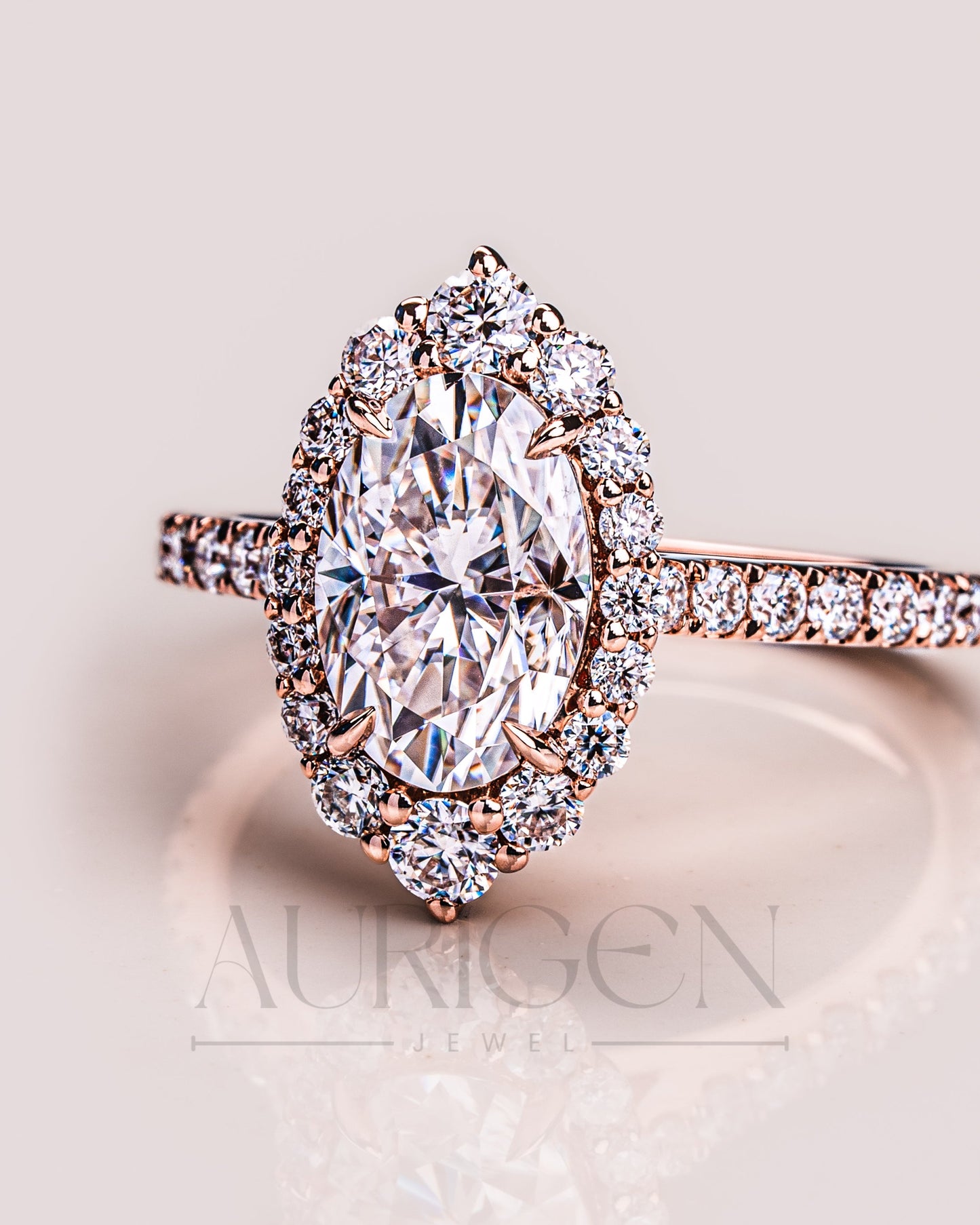 Glamorous Oval Cut Moissanite and Lab Grown Diamond Ring – Halo and Pave Setting