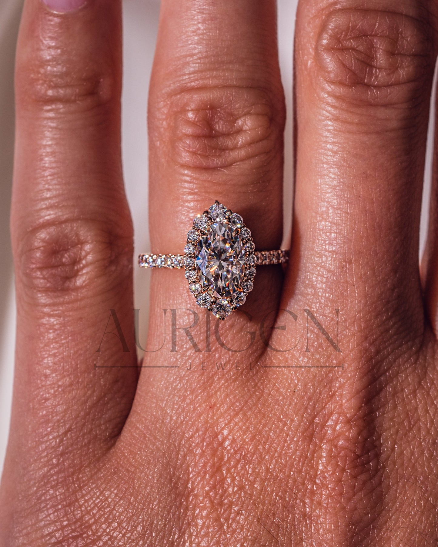Glamorous Oval Cut Moissanite and Lab Grown Diamond Ring – Halo and Pave Setting