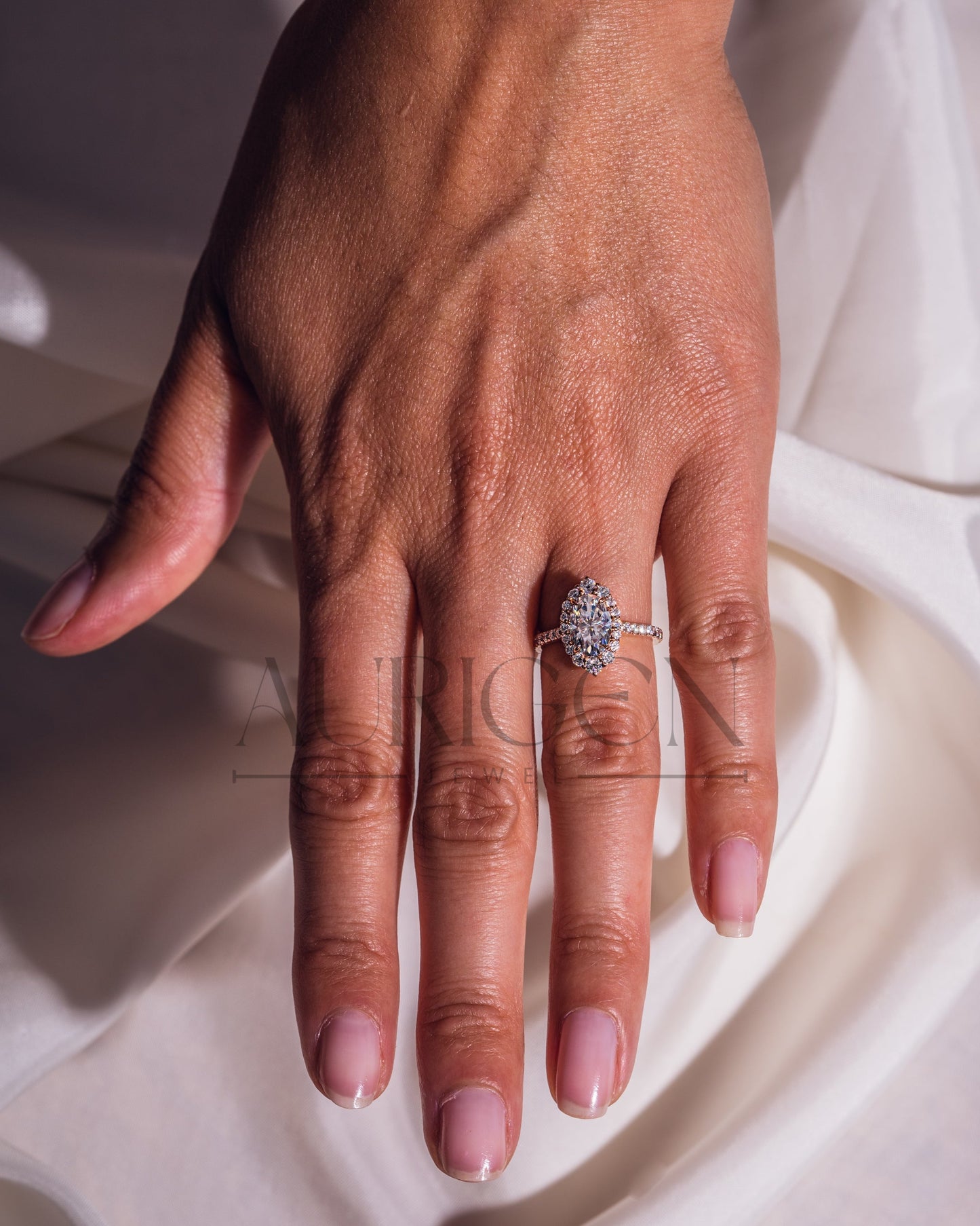 Glamorous Oval Cut Moissanite and Lab Grown Diamond Ring – Halo and Pave Setting
