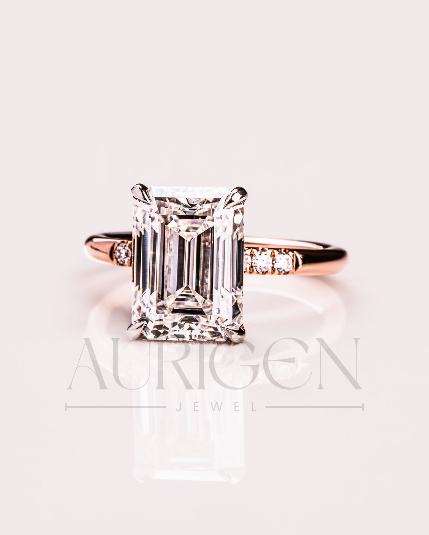 Lab Grown and Moissanite Emerald Cut Engagement Ring in Rose Gold