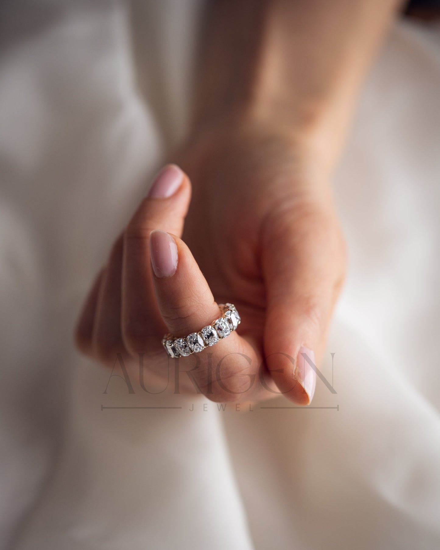 Luxurious Elongated Cushion Moissanite & Leb Diamond Full Eternity Band in 14K Solid Gold