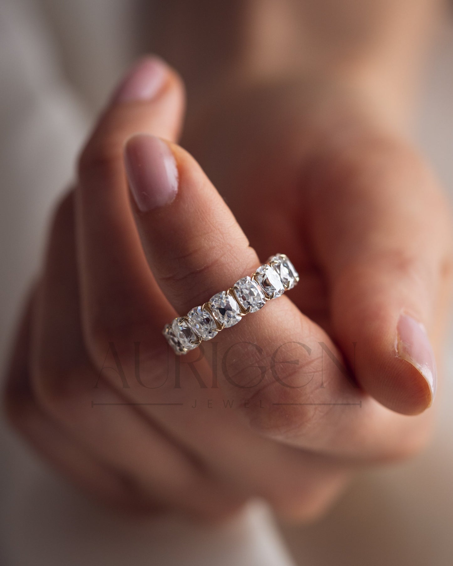 Luxurious Elongated Cushion Moissanite & Leb Diamond Full Eternity Band in 14K Solid Gold