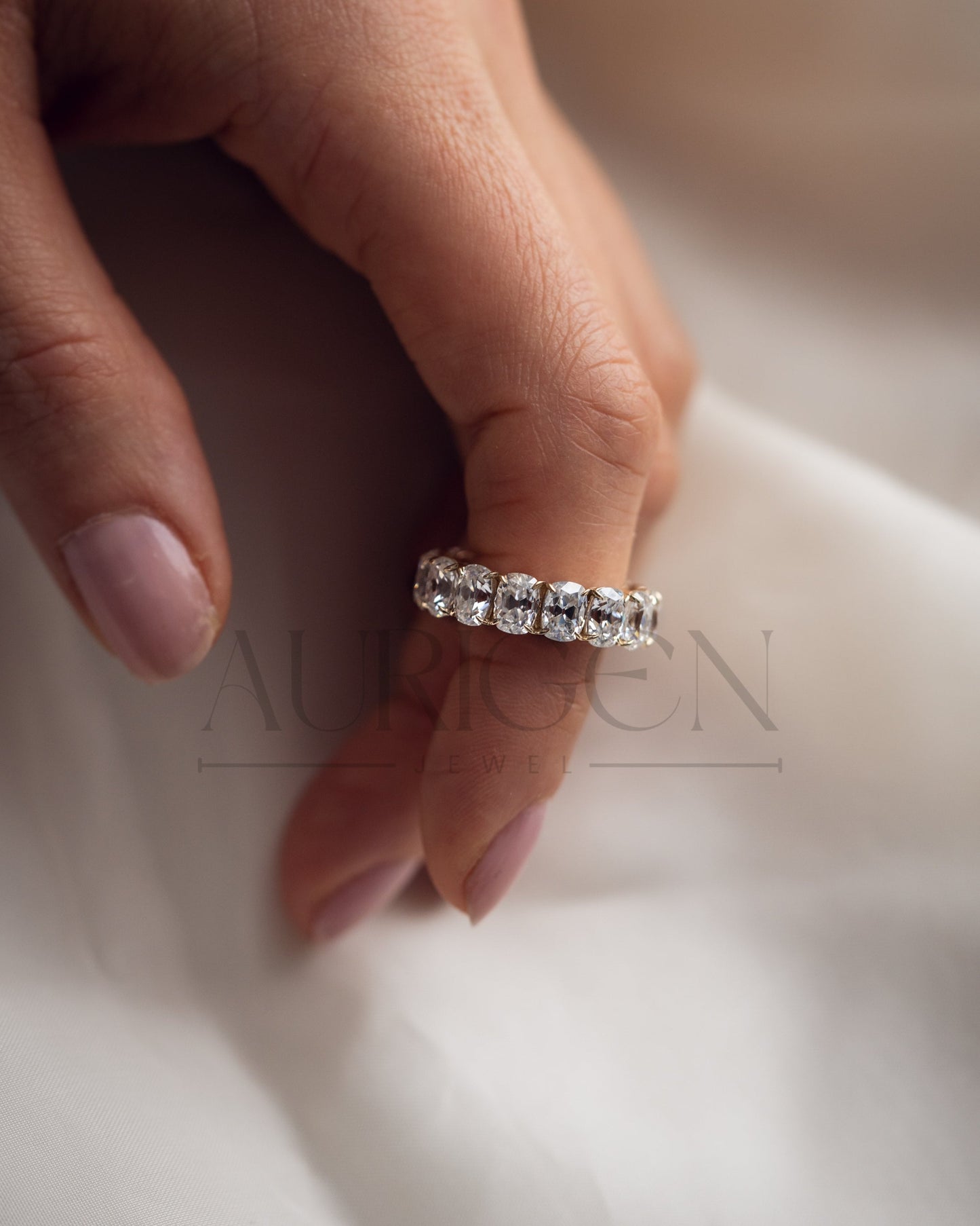 Luxurious Elongated Cushion Moissanite & Leb Diamond Full Eternity Band in 14K Solid Gold