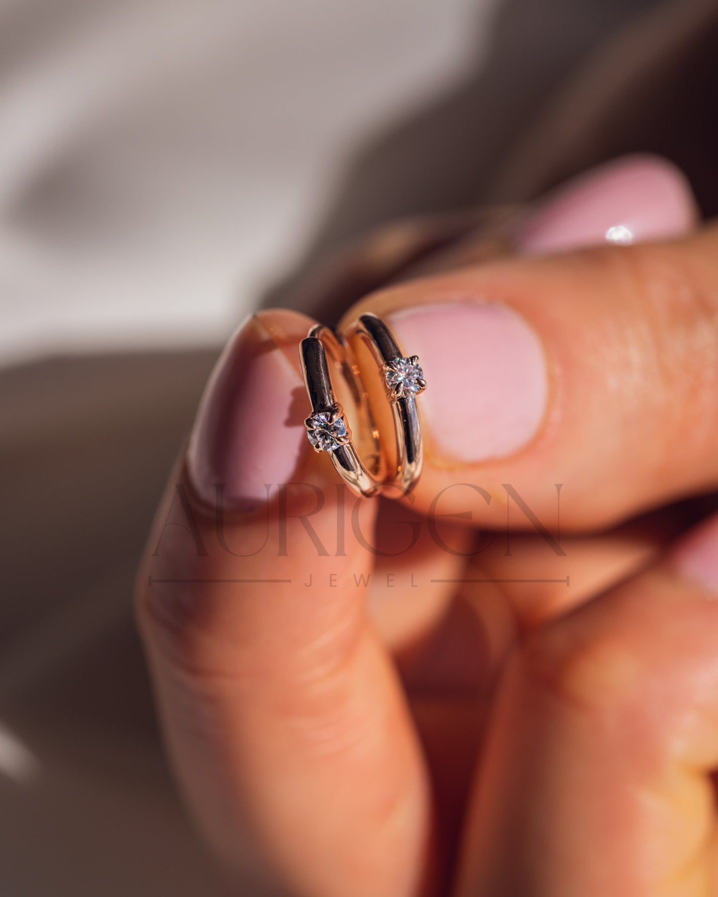 Round Cut Moissanite and Lab Grown Diamond 14k Rose Gold Huggie Hoop Earrings