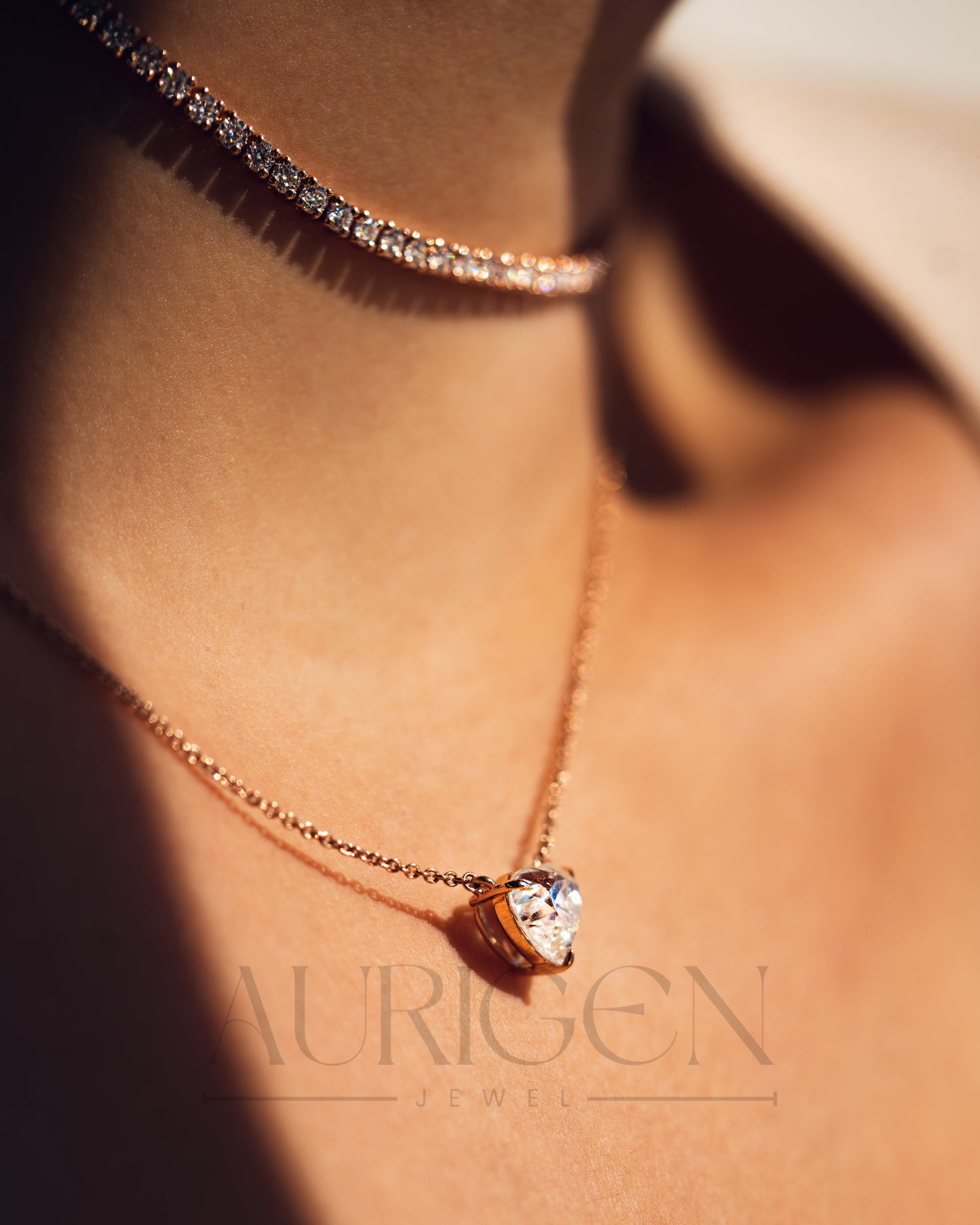 Romantic Rose Gold Heart Cut Lab Grown and Moissanite Diamond Necklace