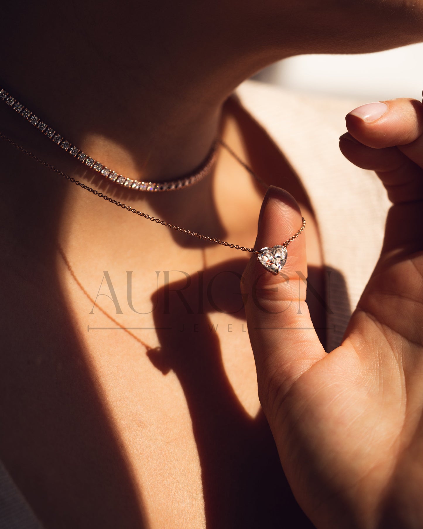 Romantic Rose Gold Heart Cut Lab Grown and Moissanite Diamond Necklace