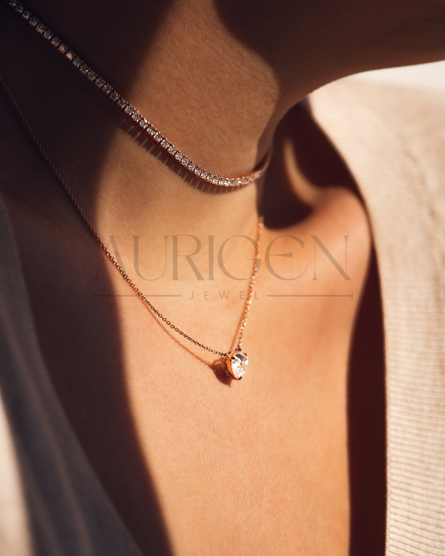 Dainty 14K Rose Gold Tennis Necklace - Round Cut Lab Grown and Moissanite Diamond