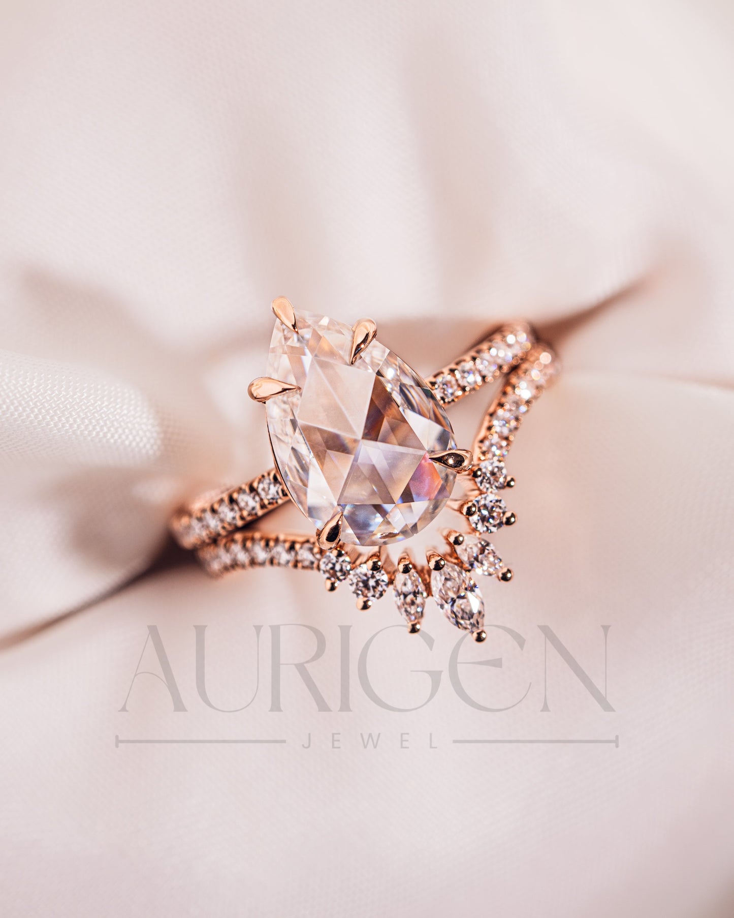 Rose Cut Pear Moissanite and Lab Grown Diamond Engagement Ring With Pave