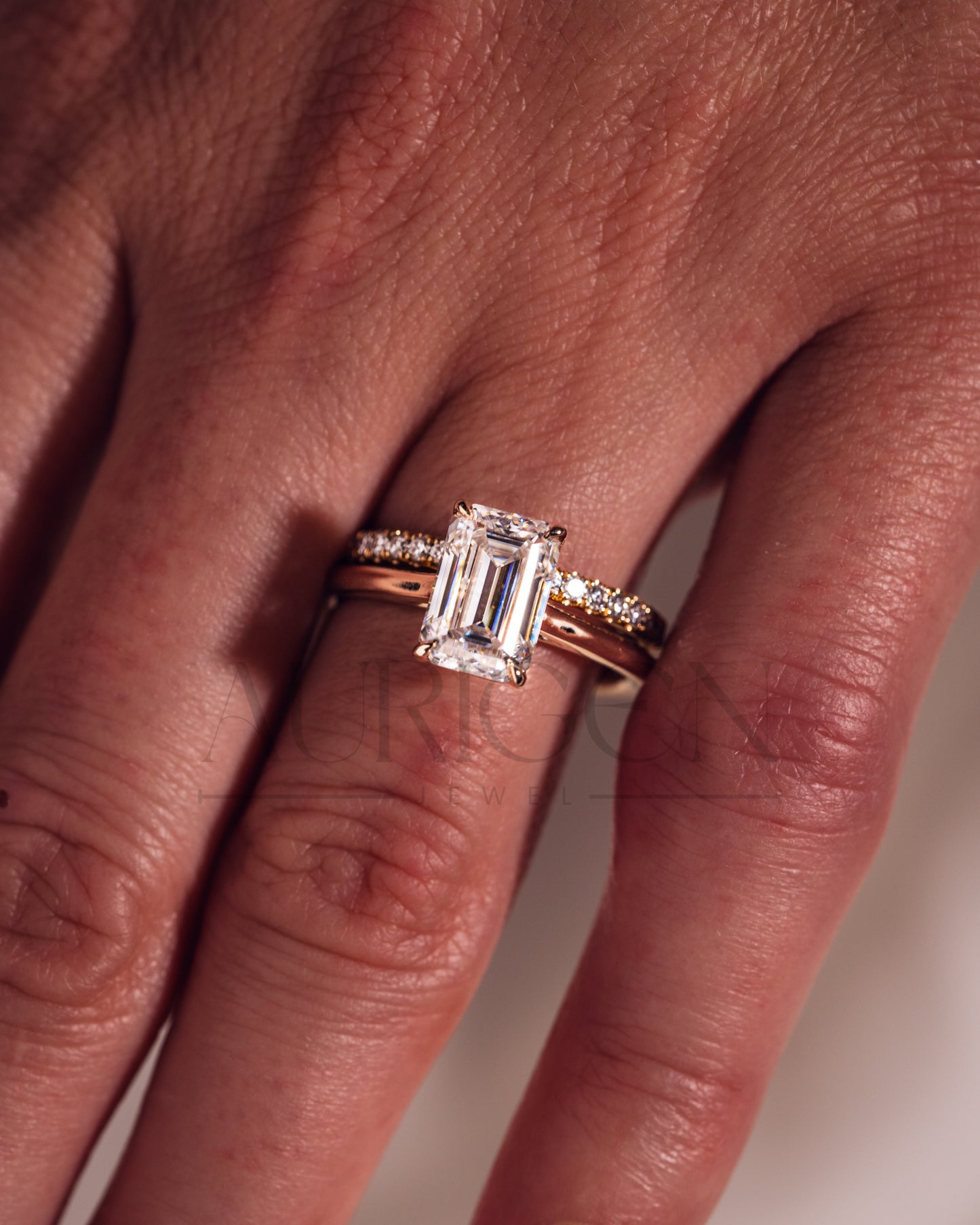 18K Rose Gold Emerald Moissanite & Leb Diamond Engagement Ring with Matching Pave Band