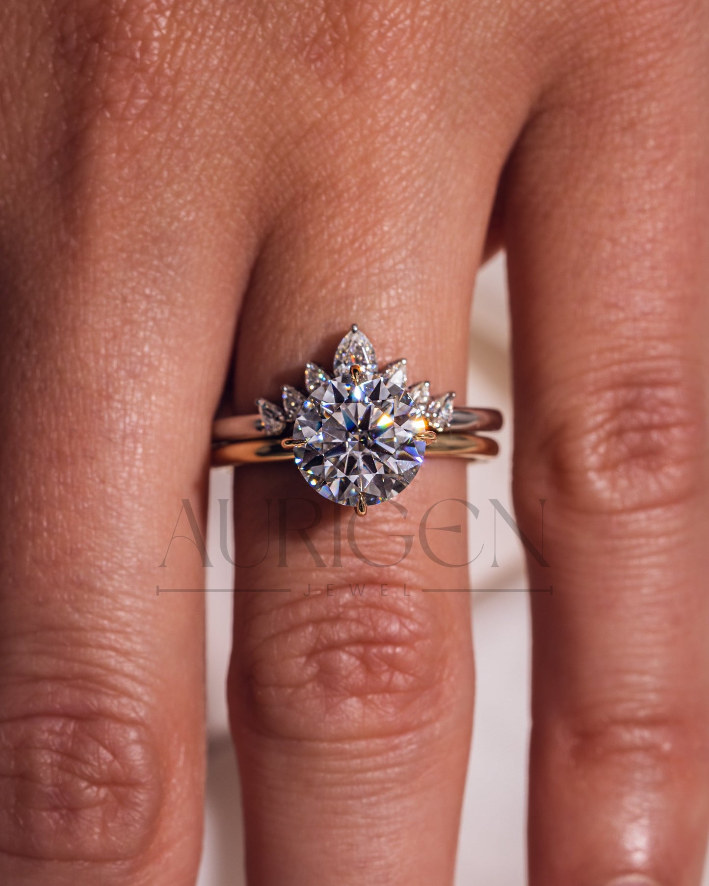 Round Moissanite & Lab Diamond 14K Solid Gold Ring Set Pear Shaped Bridal Band