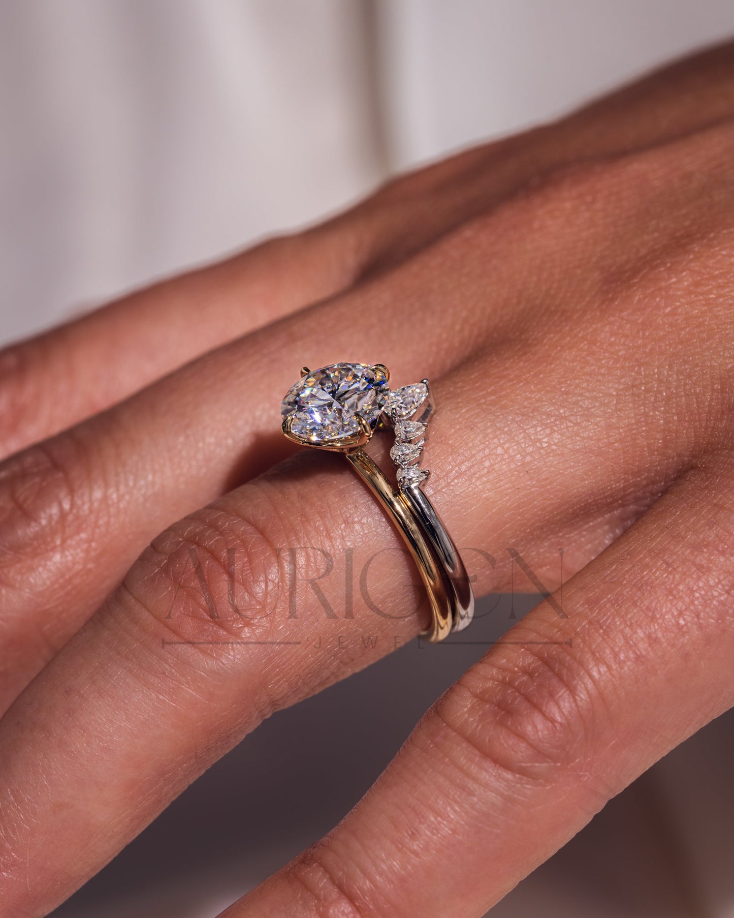 Round Moissanite & Lab Diamond 14K Solid Gold Ring Set Pear Shaped Bridal Band