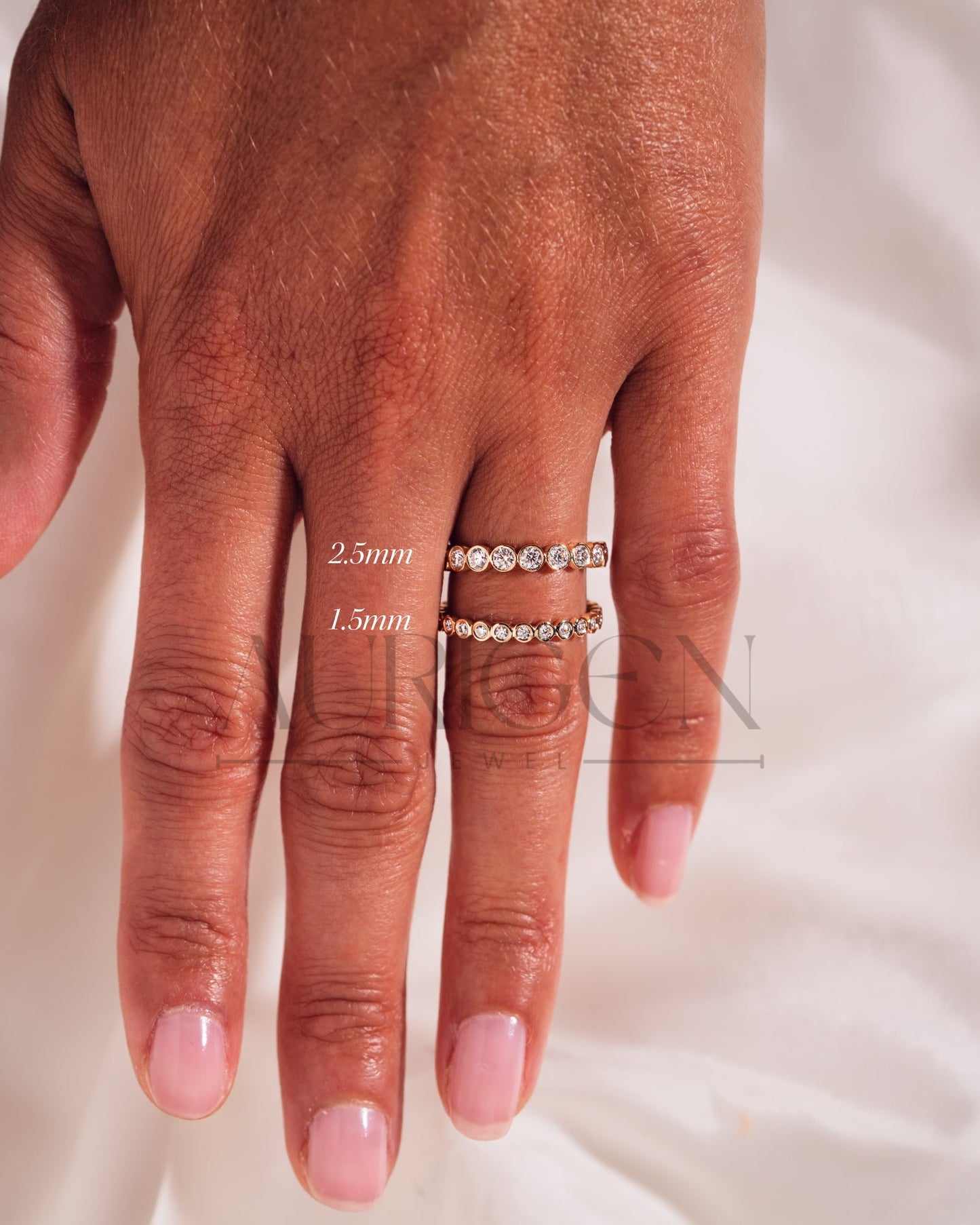 Round Bezel Set Moissanite and Leb Diamond Full Eternity Band 14K Solid Gold