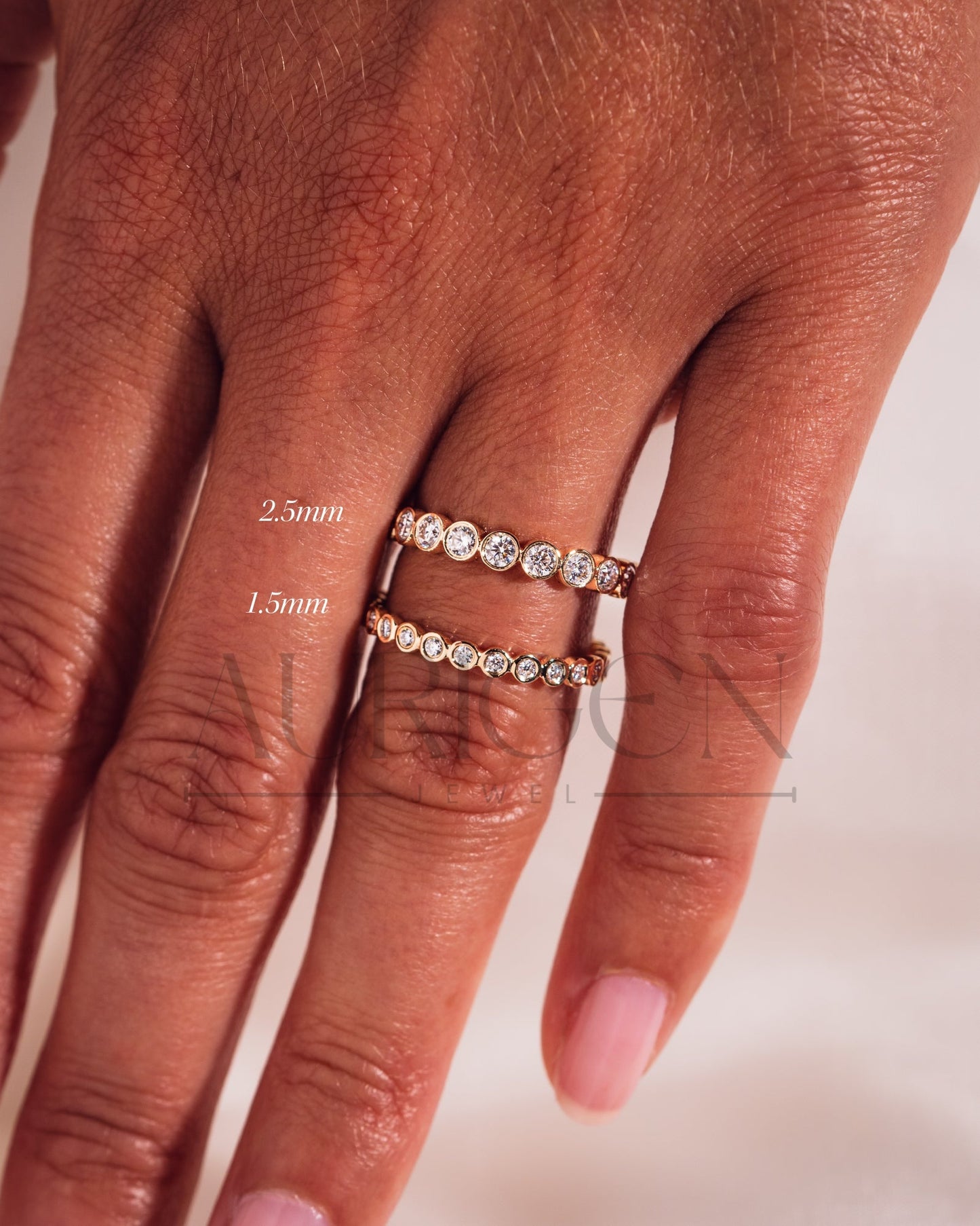 Round Bezel Set Moissanite and Leb Diamond Full Eternity Band 14K Solid Gold