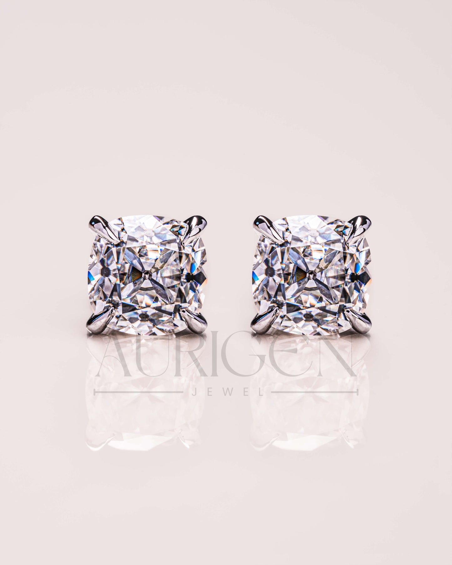 Cushion Cut Moissanite and Lab Grown Diamond Stud Earrings - 14k White Gold