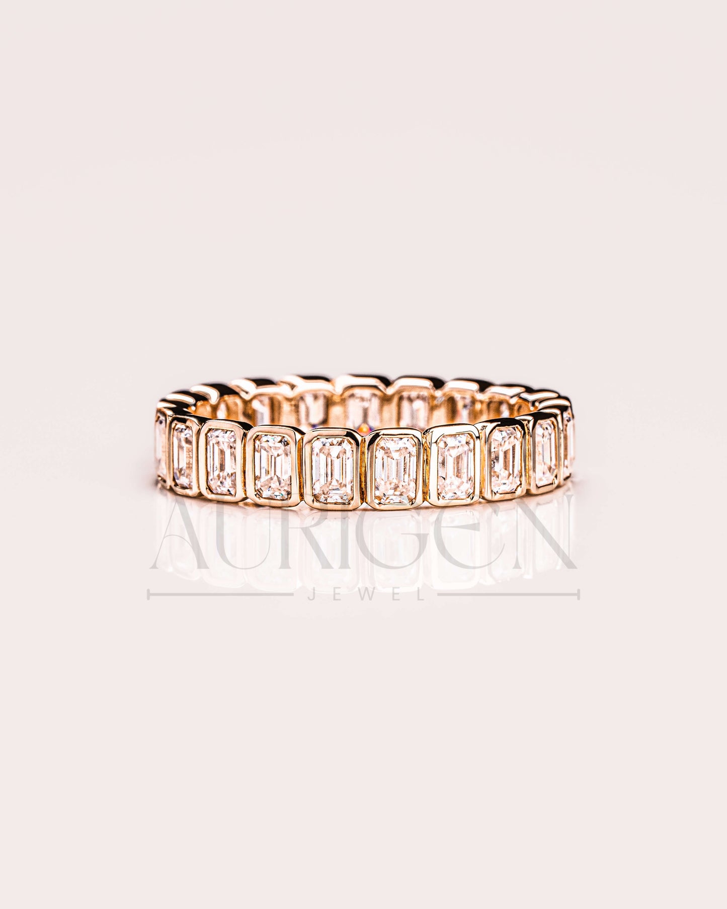 14K Solid Gold Emerald Cut Moissanite & Leb Full Eternity Unique Band
