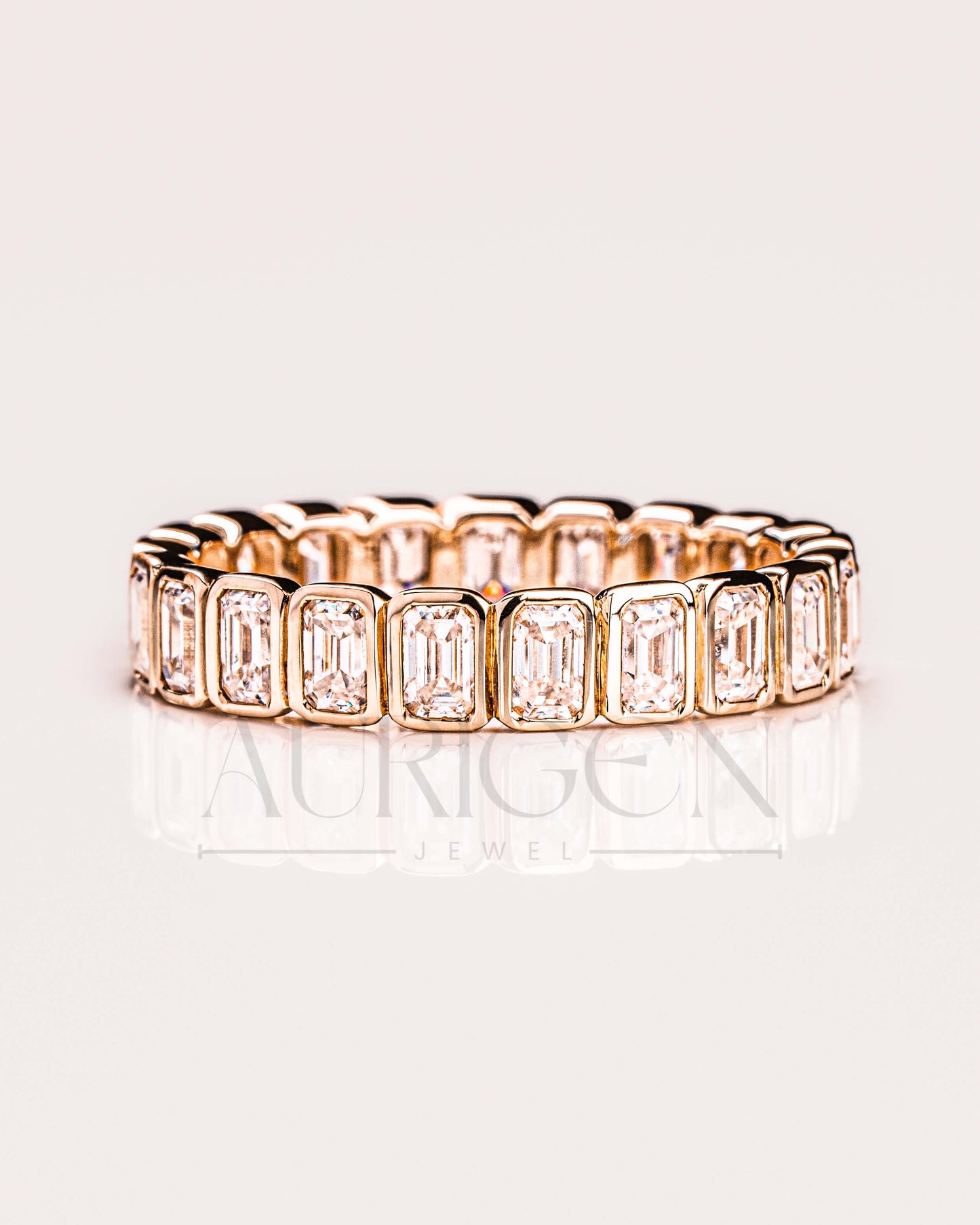14K Solid Gold Emerald Cut Moissanite & Leb Full Eternity Unique Band