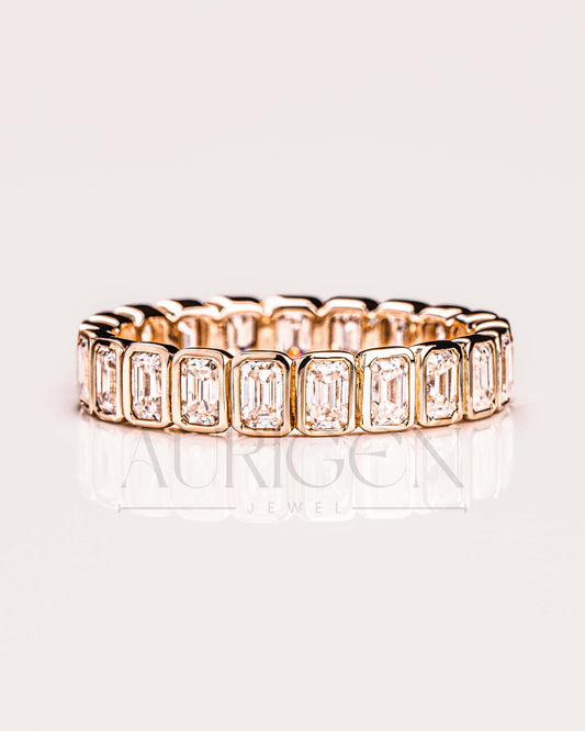 14K Solid Gold Emerald Cut Moissanite & Leb Full Eternity Unique Band