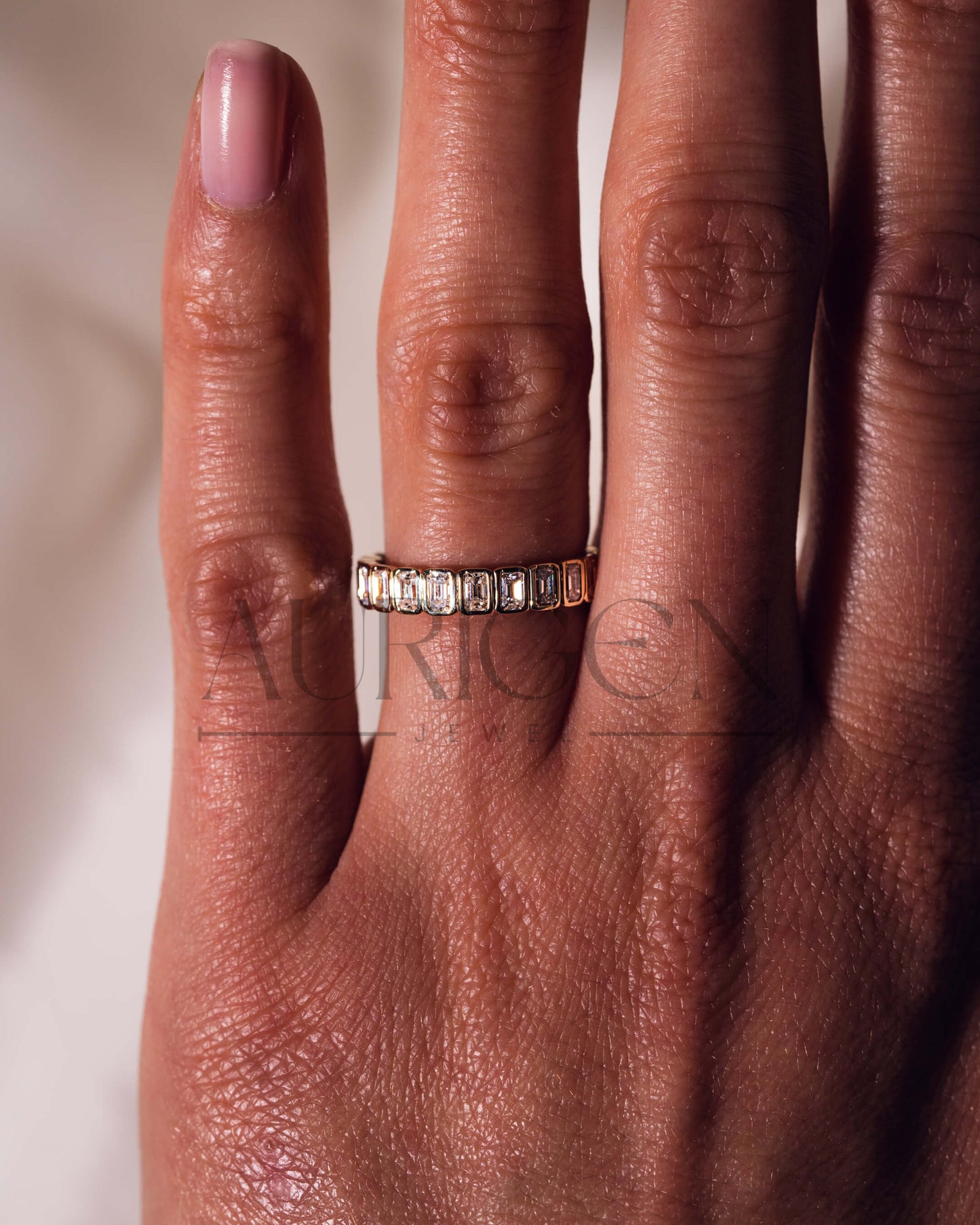 14K Solid Gold Emerald Cut Moissanite & Leb Full Eternity Unique Band