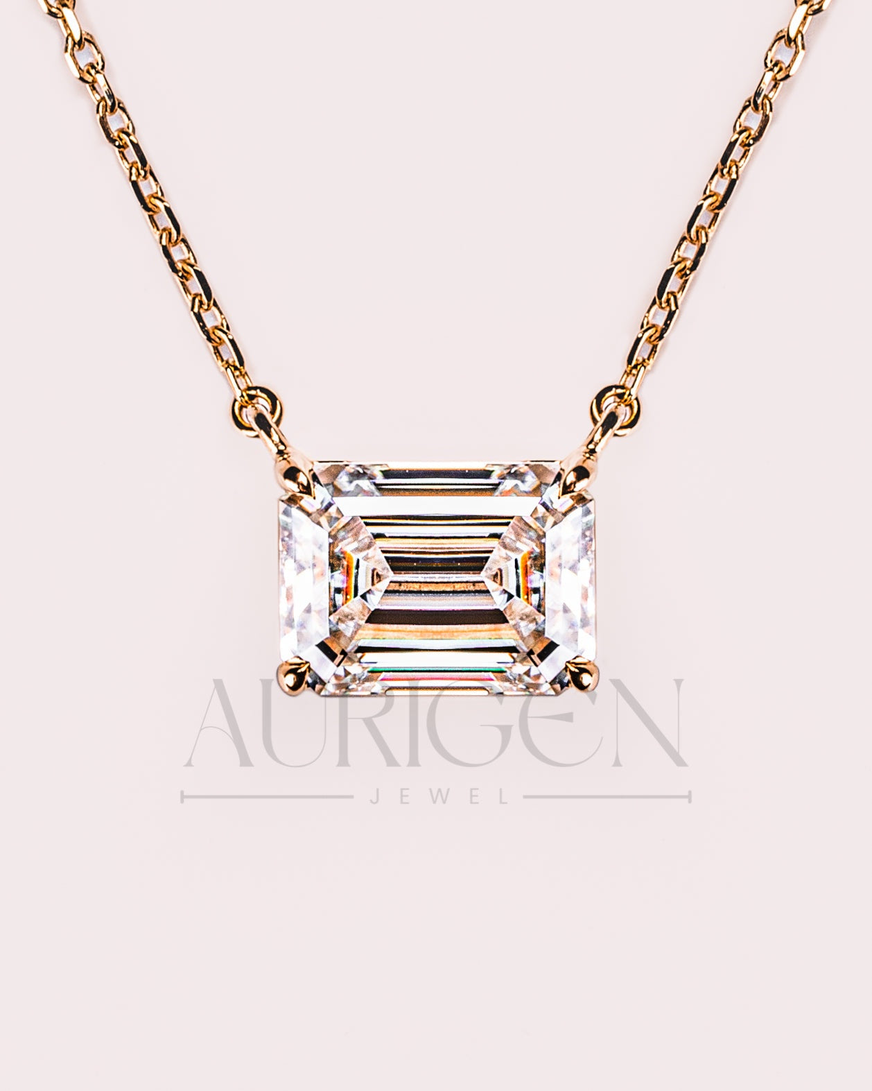East-West Emerald Cut Moissanite and Lab Grown Diamond Necklace