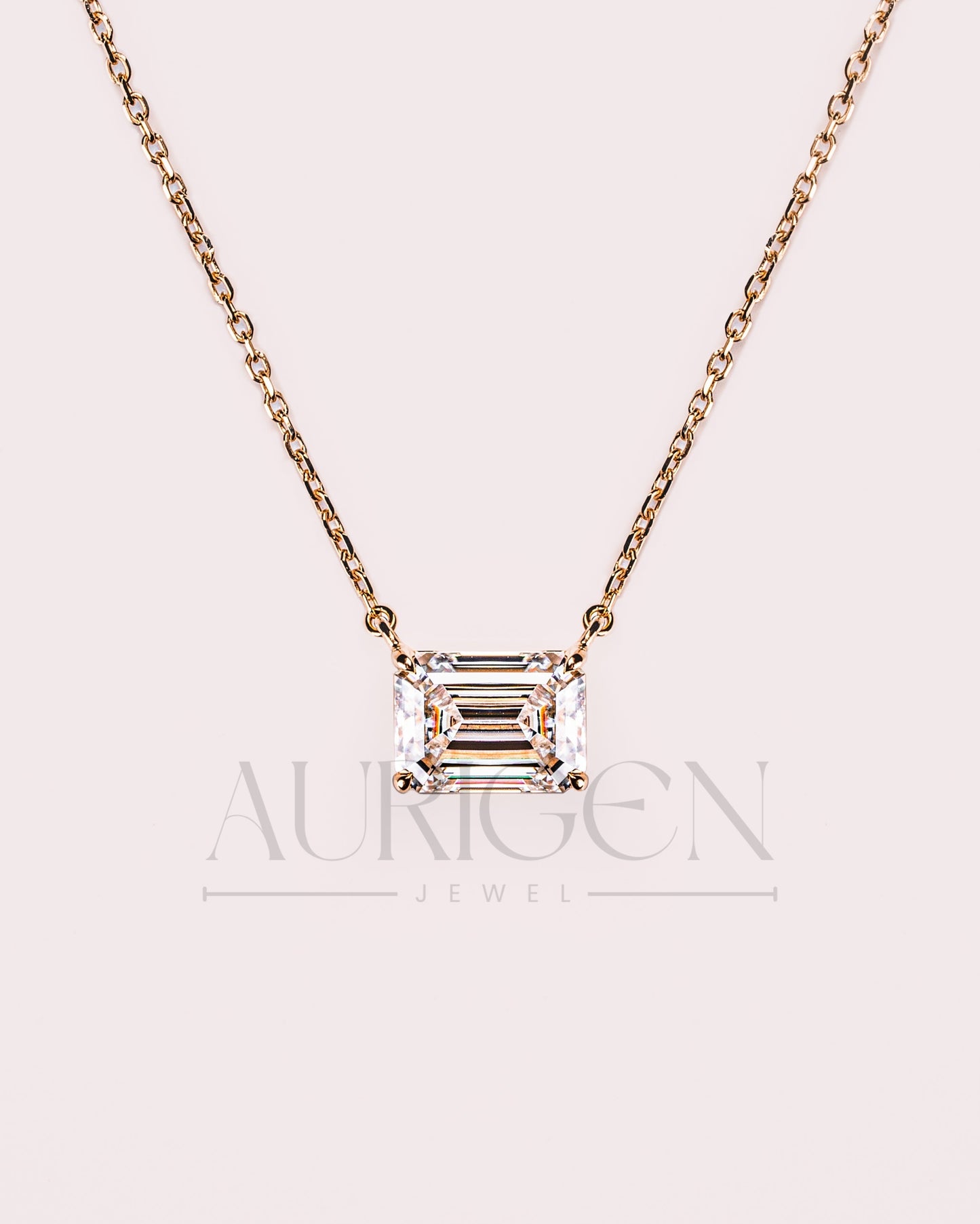 East-West Emerald Cut Moissanite and Lab Grown Diamond Necklace