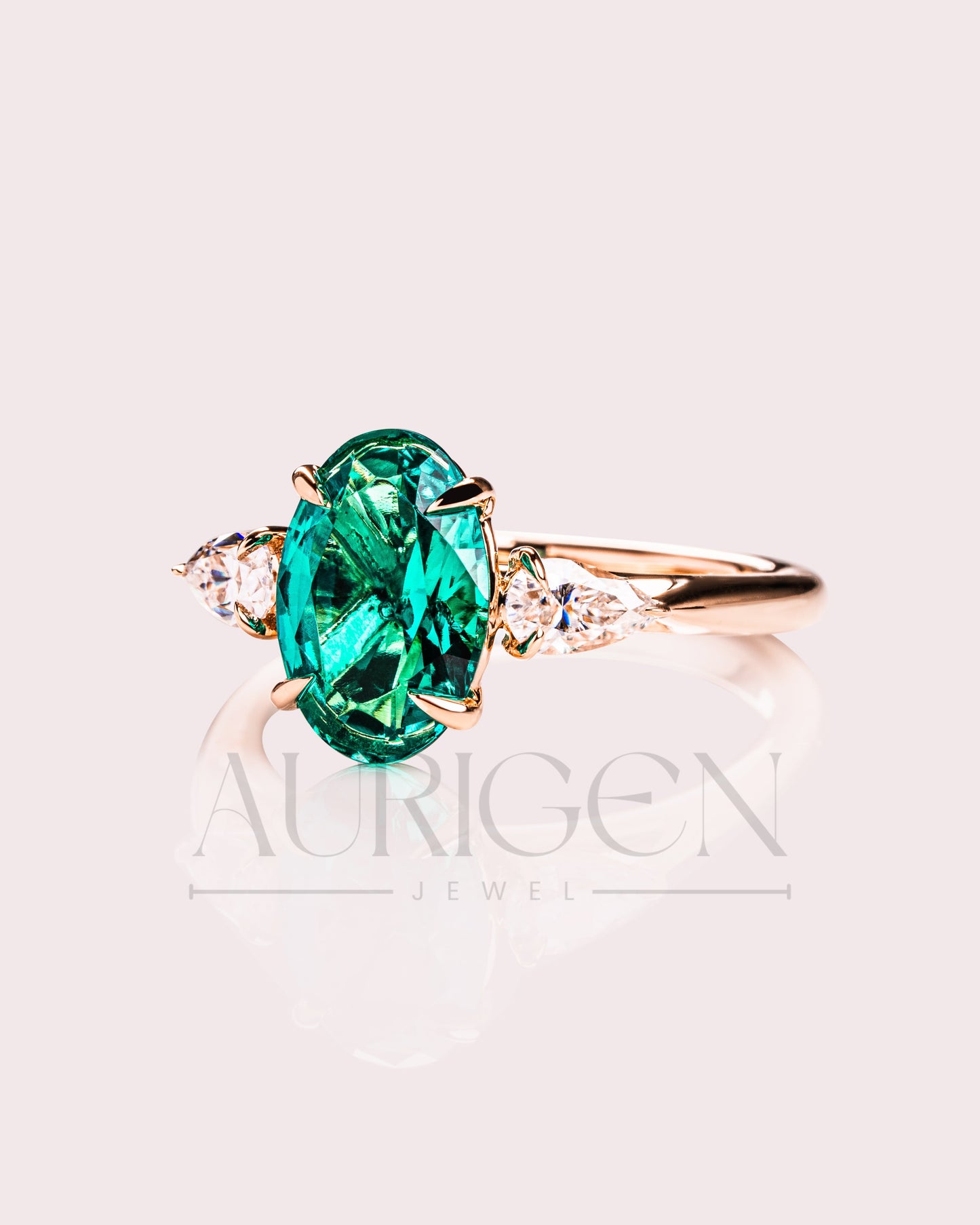 Three Stone Green Oval Cut Moissanite & Lab Grown Diamond Ring