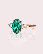 Three Stone Green Oval Cut Moissanite & Lab Grown Diamond Ring