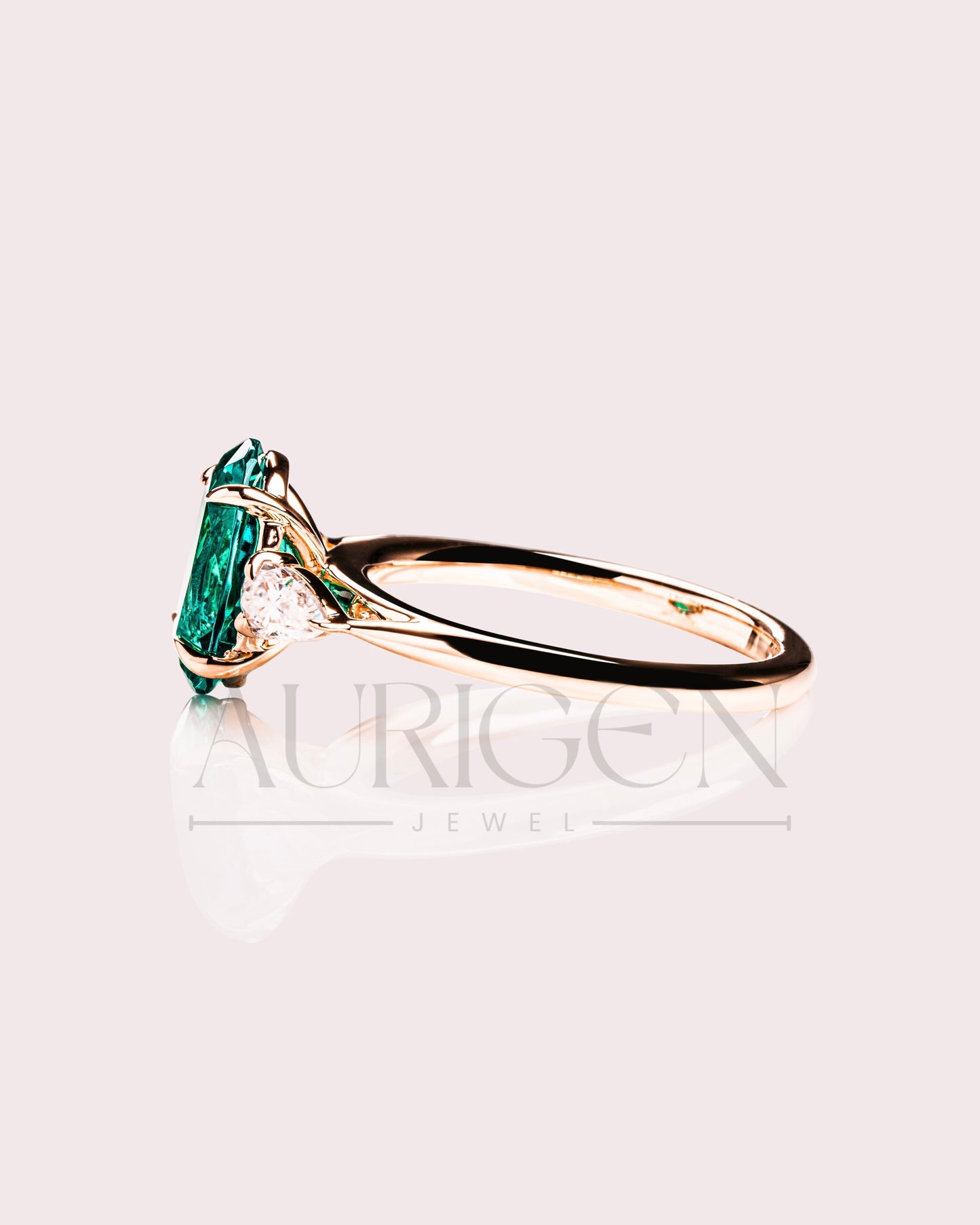 Three Stone Green Oval Cut Moissanite & Lab Grown Diamond Ring