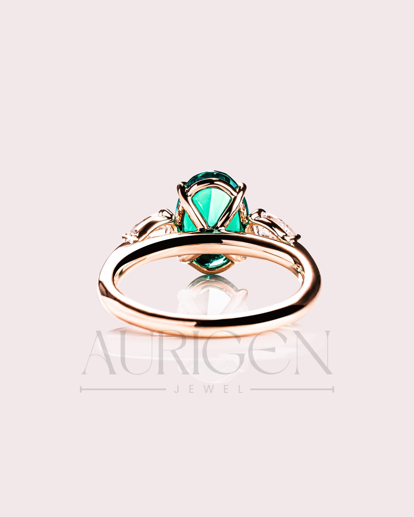 Three Stone Green Oval Cut Moissanite & Lab Grown Diamond Ring